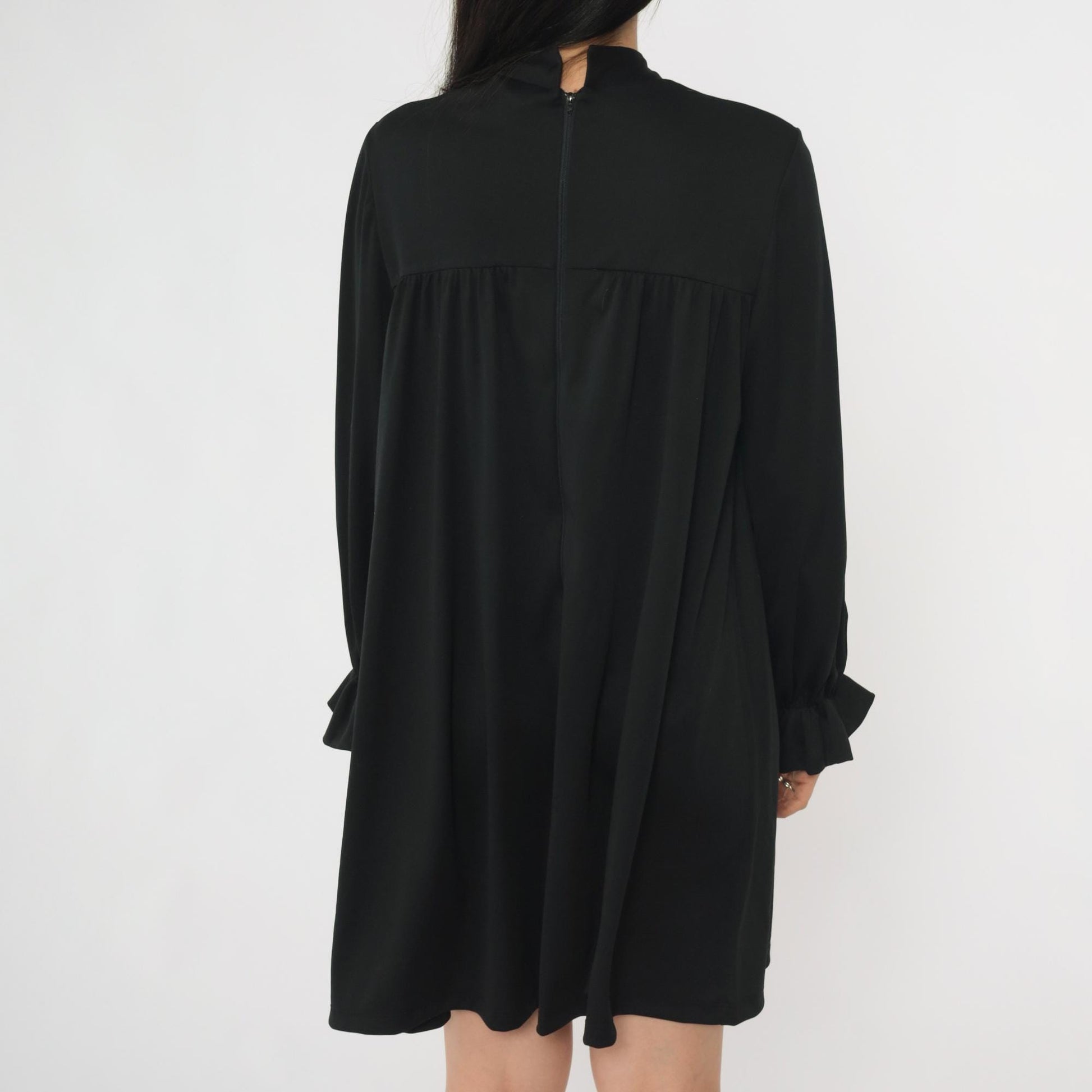 70s Black Tent Mini Dress Mock Neck Ruffled Long Sleeve Small