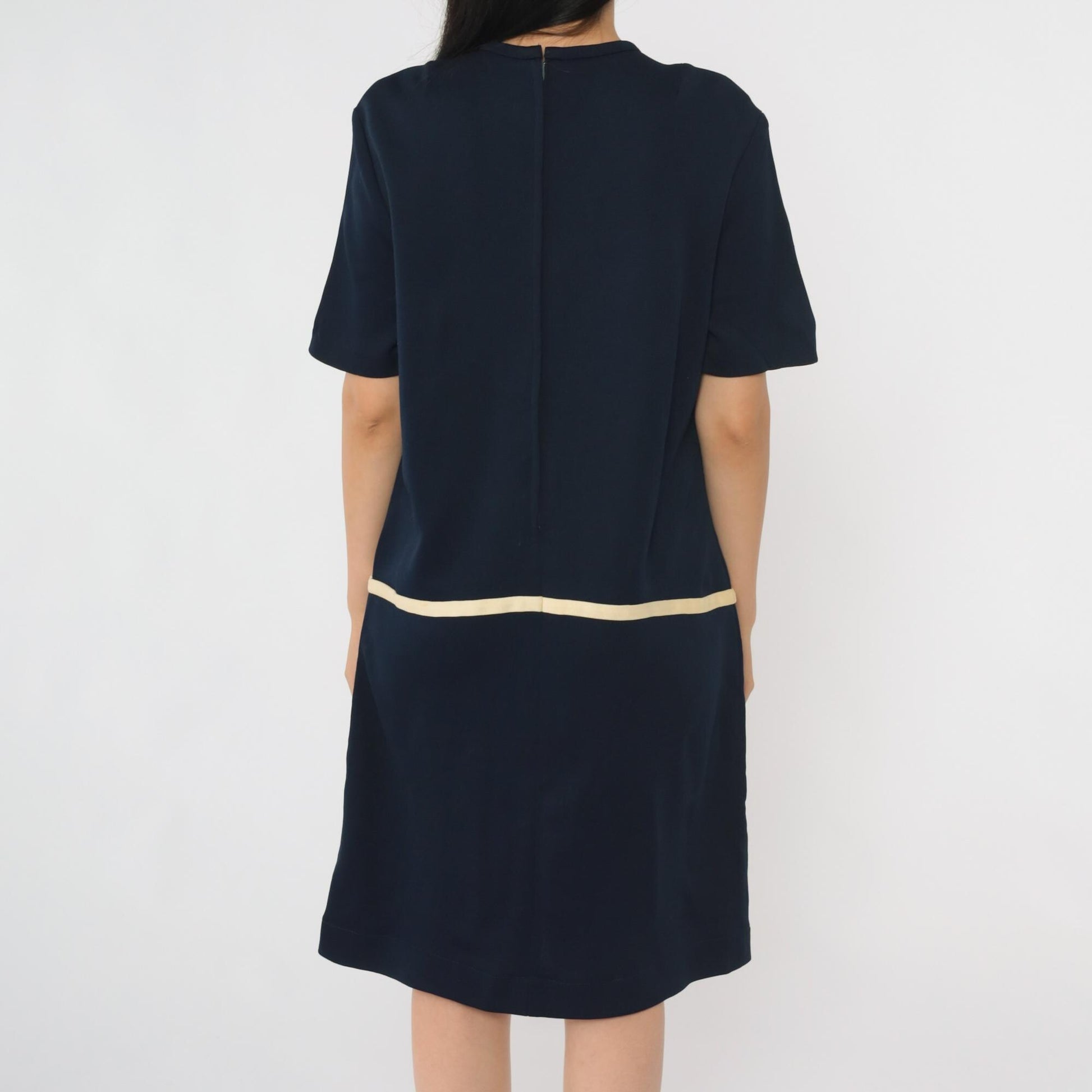 1960s Mod Scooter Dress Navy Geometric Drop Waist Shift Knee-Length Medium M