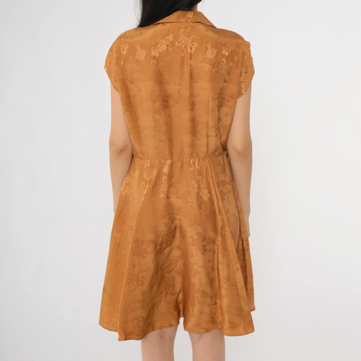 1950s Dynasty Silk Jacquard Dress Gold Asian Floral Cap Sleeve Fit Flare Medium