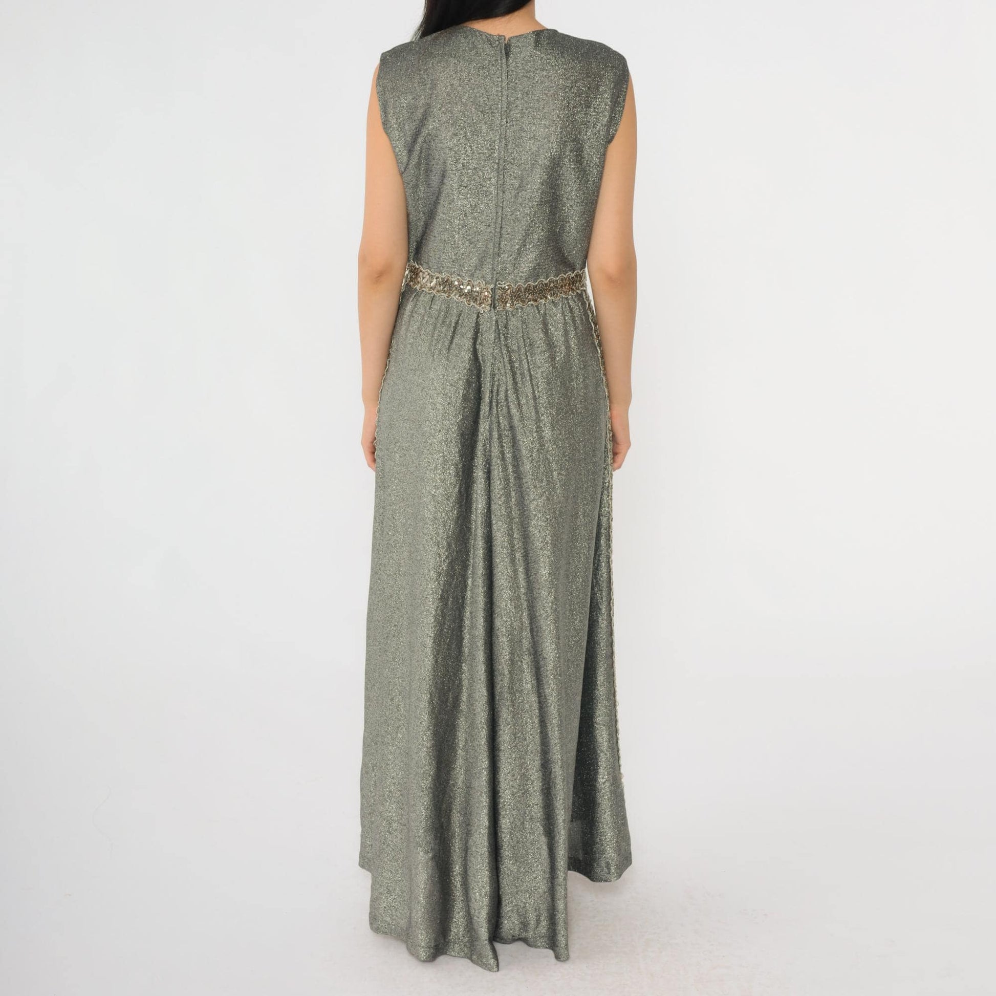 70s Silver Sequined Maxi Dress High Waisted Sleeveless Evening Gown Small