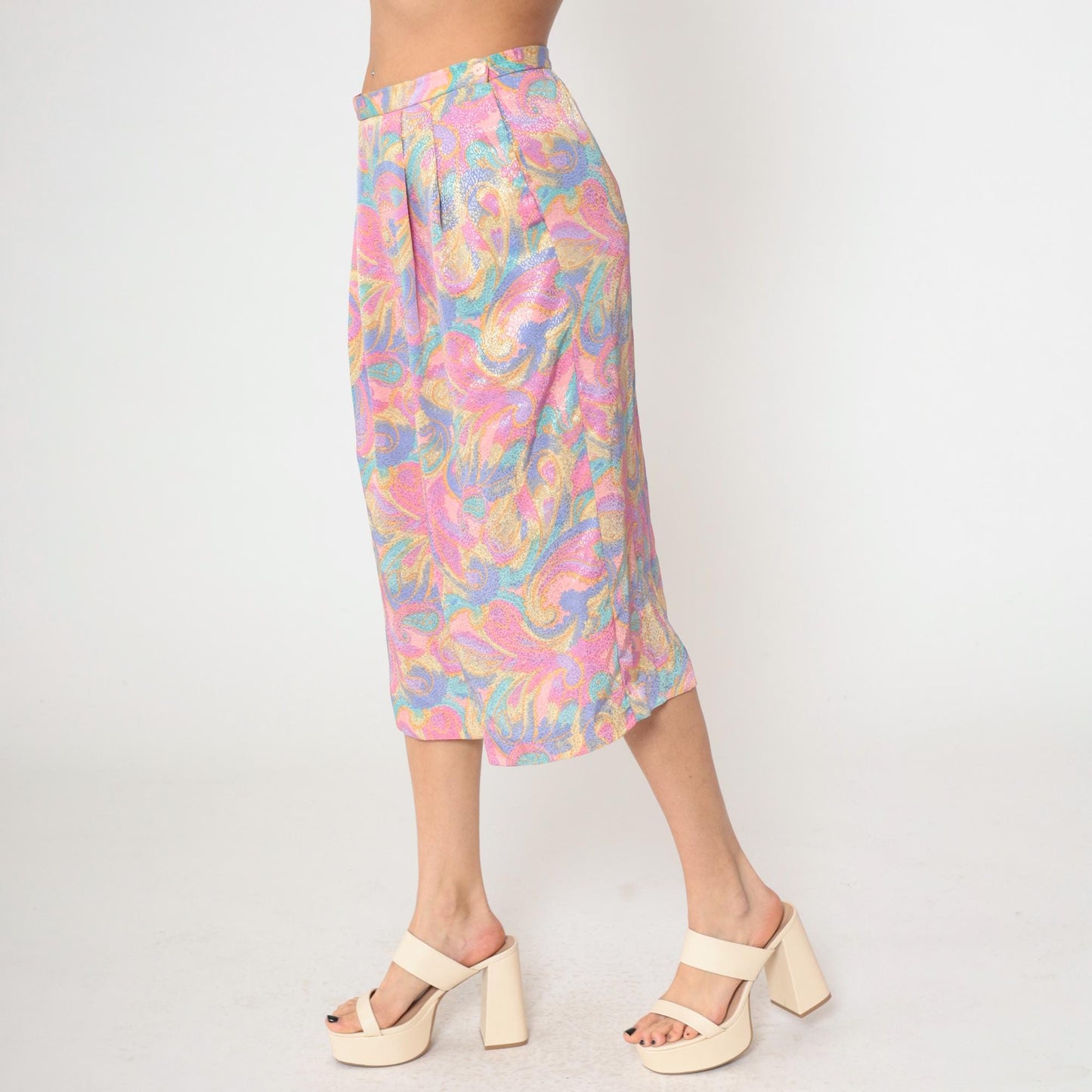 80s Pastel Paisley Midi Skirt High Waist Pleated Pockets Medium