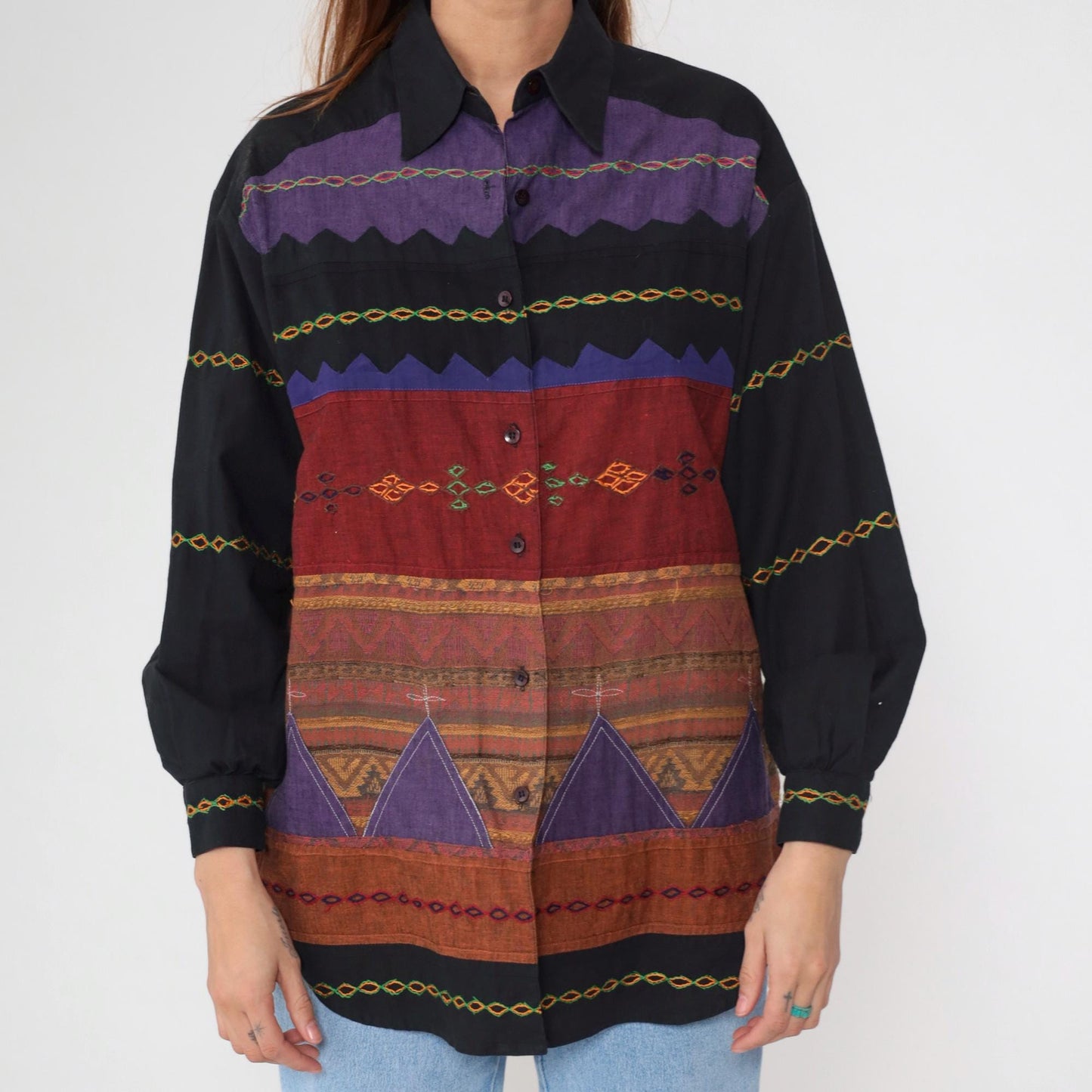 90s Sandy Starkman Geometric Patchwork Button Up Shirt Black Cotton Small