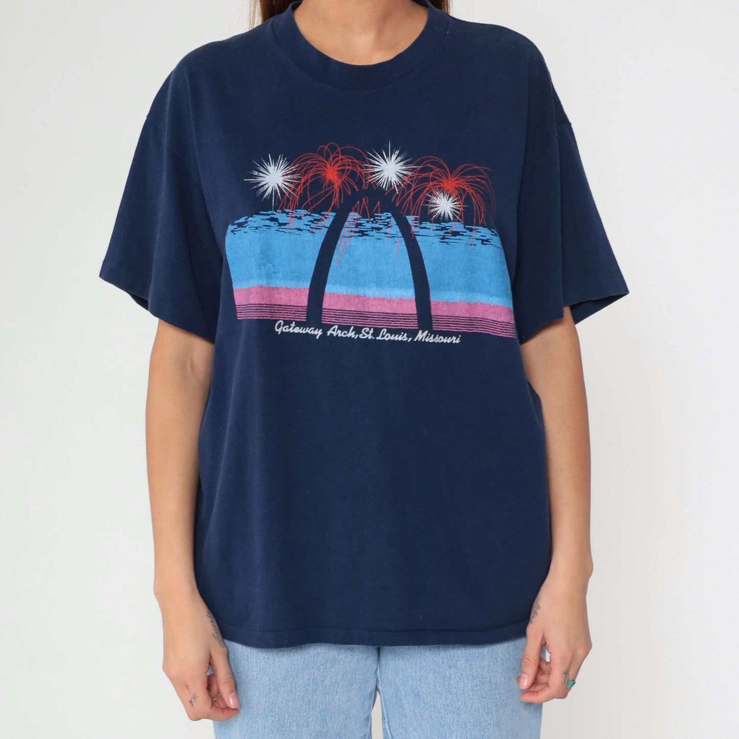 80s Gateway Arch St. Louis Missouri Graphic T-Shirt Navy Single Stitch Large