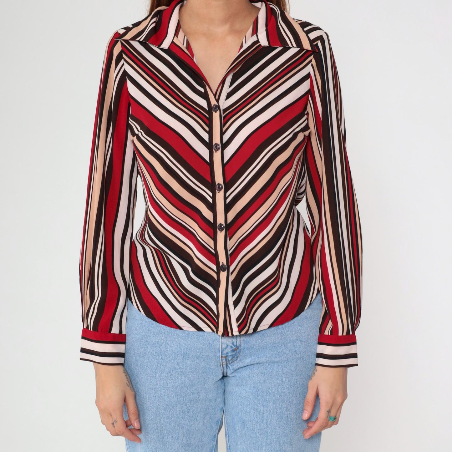 Y2K Chevron Stripe Button Up Blouse Red Brown Tan White Long Sleeve Small S