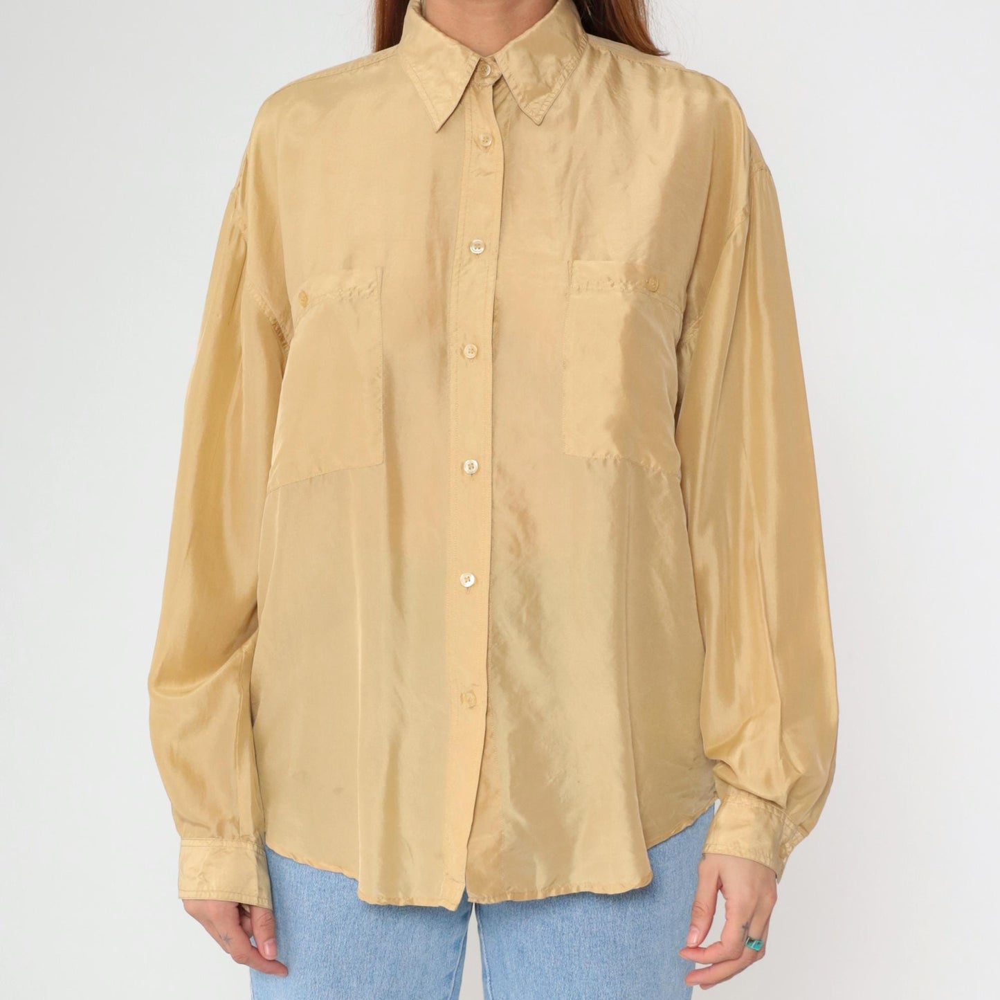 90s Champagne Silk Button-Up Blouse Long Sleeve Chest Pocket Small