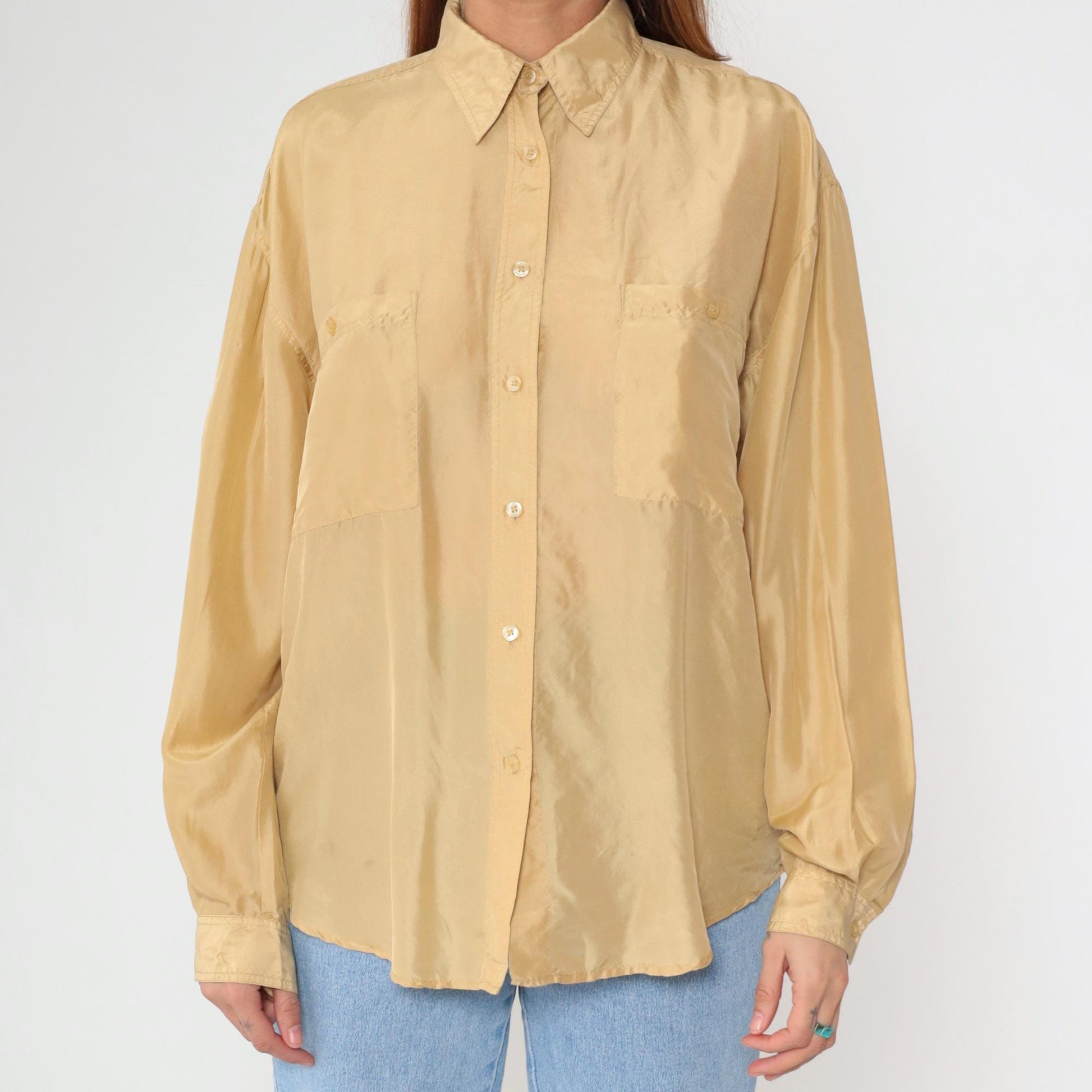 90s Champagne Silk Button-Up Blouse Long Sleeve Chest Pocket Small