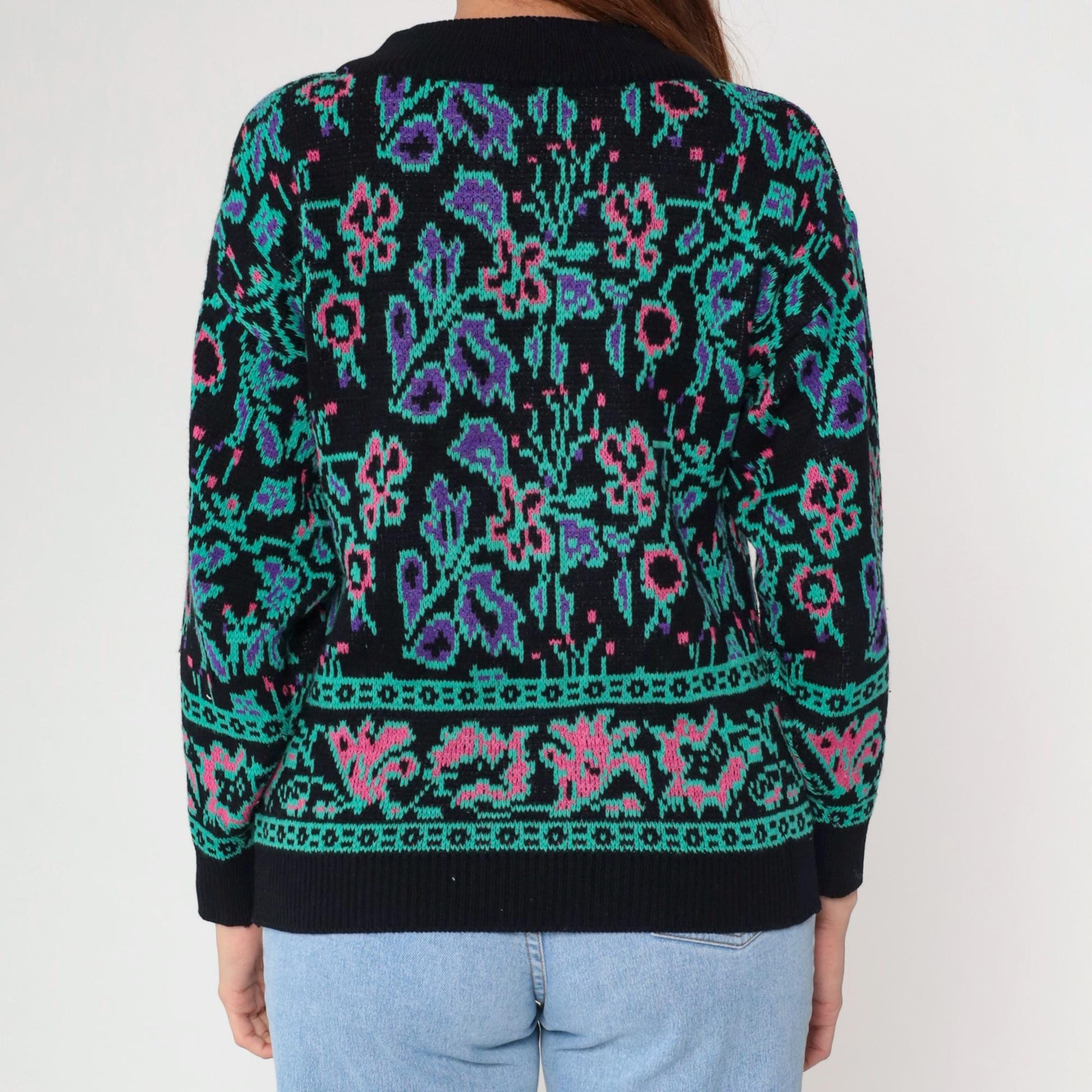 80s Abstract Floral Jacquard Sweater Black Knit Crewneck Small