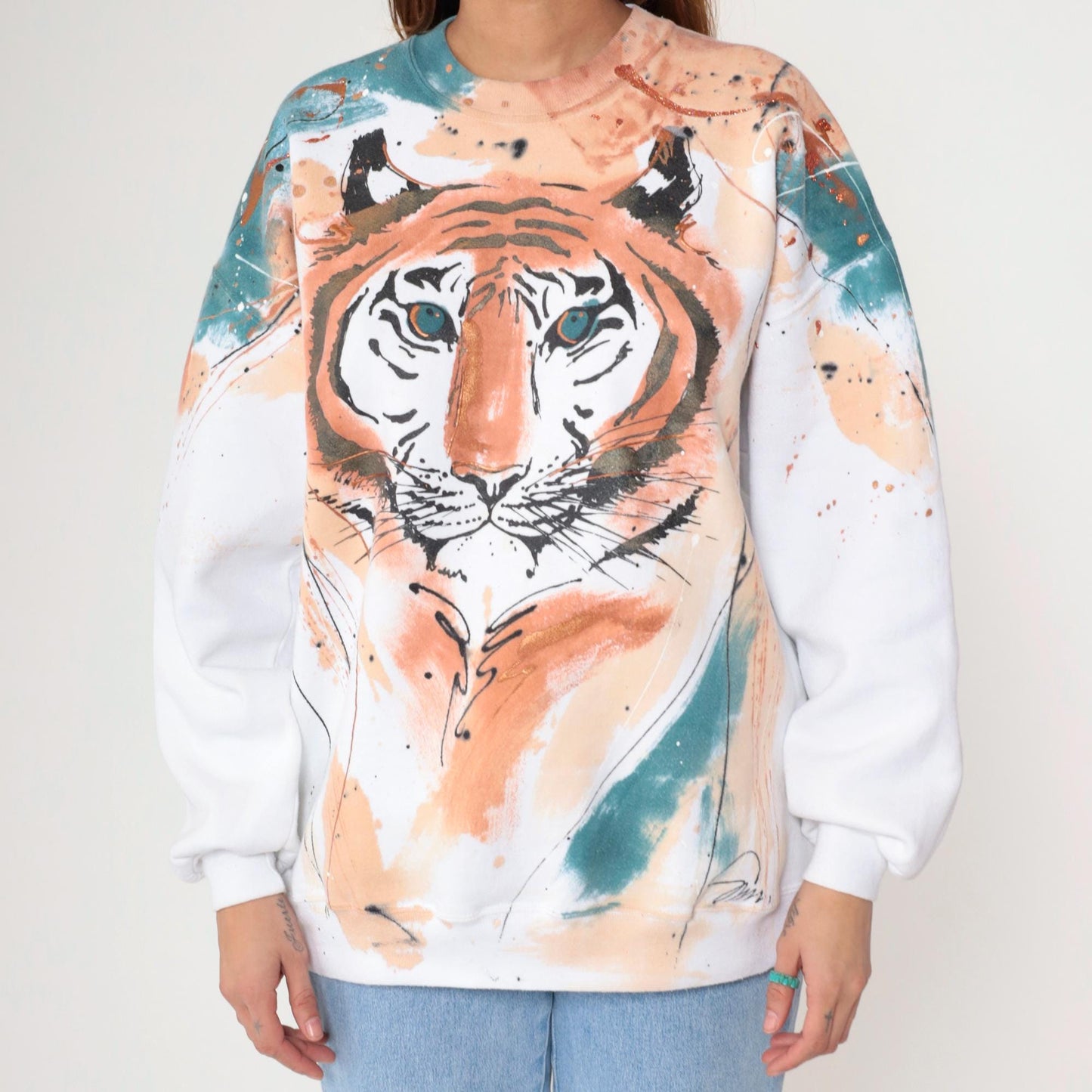 80s Hand-Painted Tiger Sweatshirt Metallic Glitter White Graphic Jumper Large L