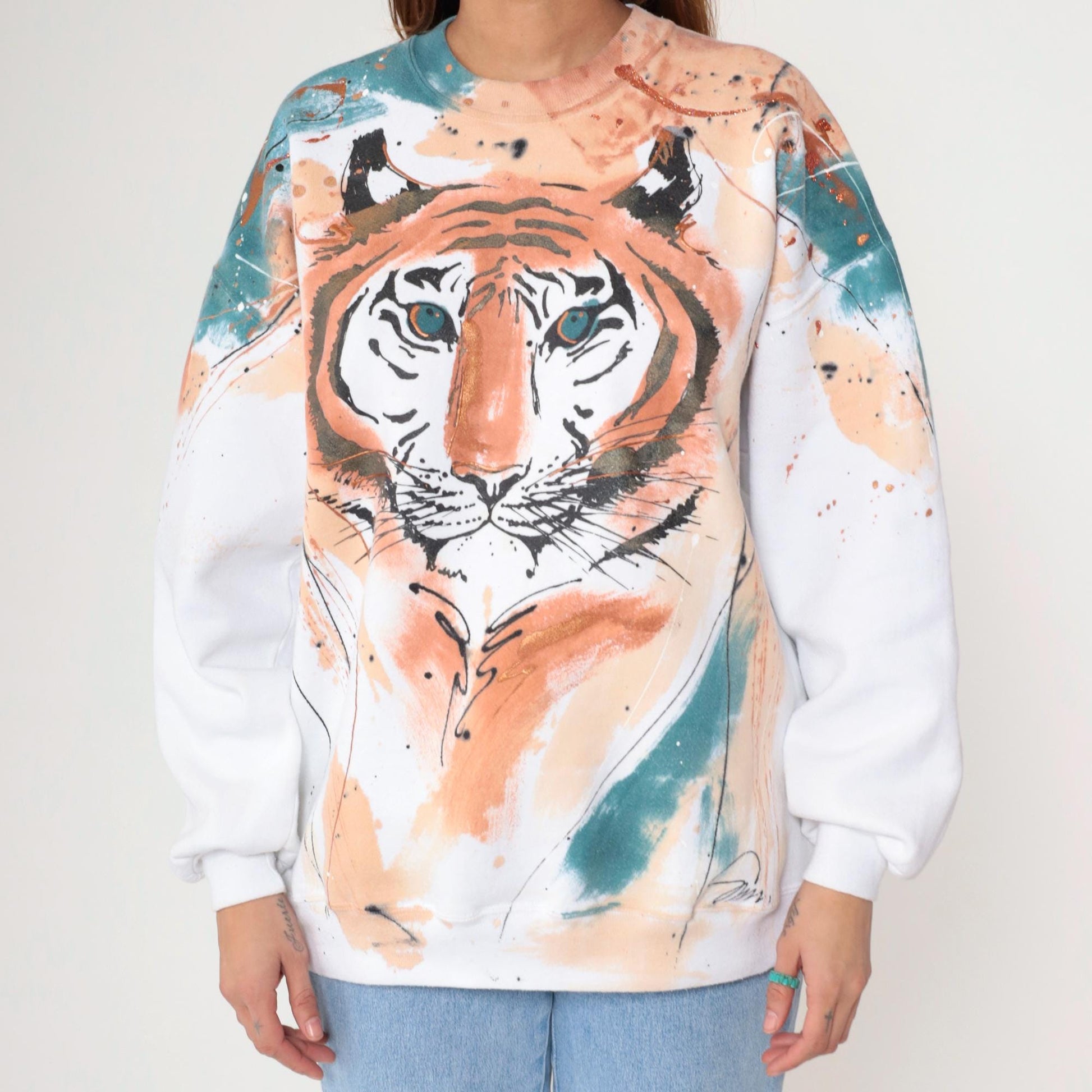 80s Hand-Painted Tiger Sweatshirt Metallic Glitter White Graphic Jumper Large L