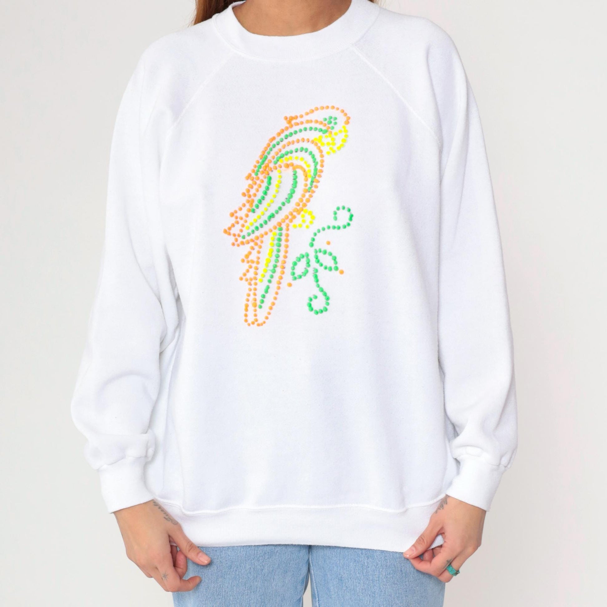 90s Neon Parrot Sweatshirt White Painted Graphic Raglan Crewneck Extra Large XL