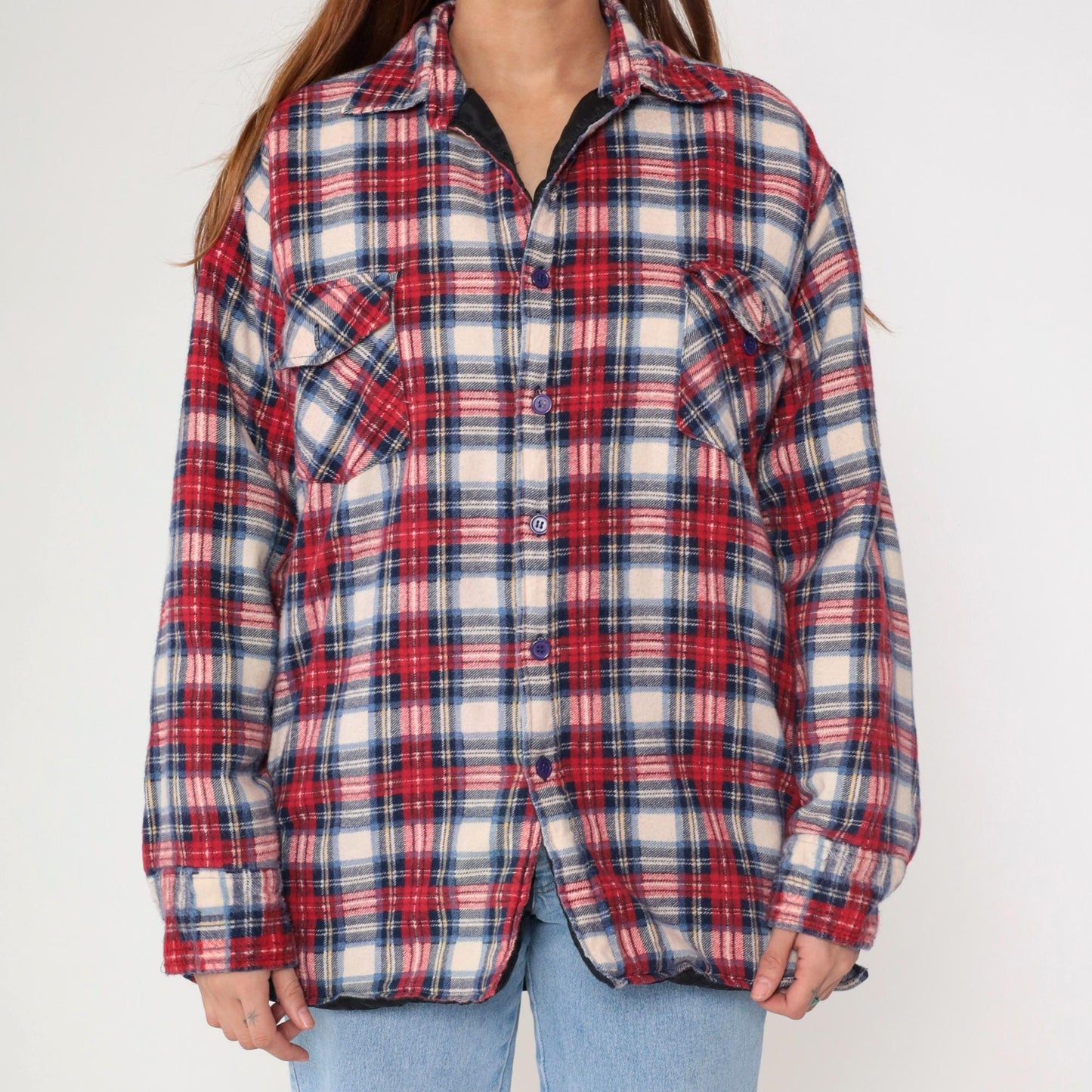 90s Dickies Plaid Insulated Overshirt Red White Blue Quilted Flannel Large