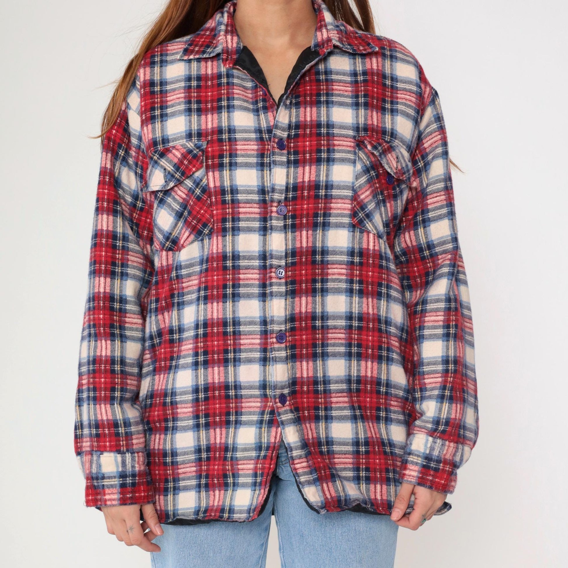 90s Dickies Plaid Insulated Overshirt Red White Blue Quilted Flannel Large