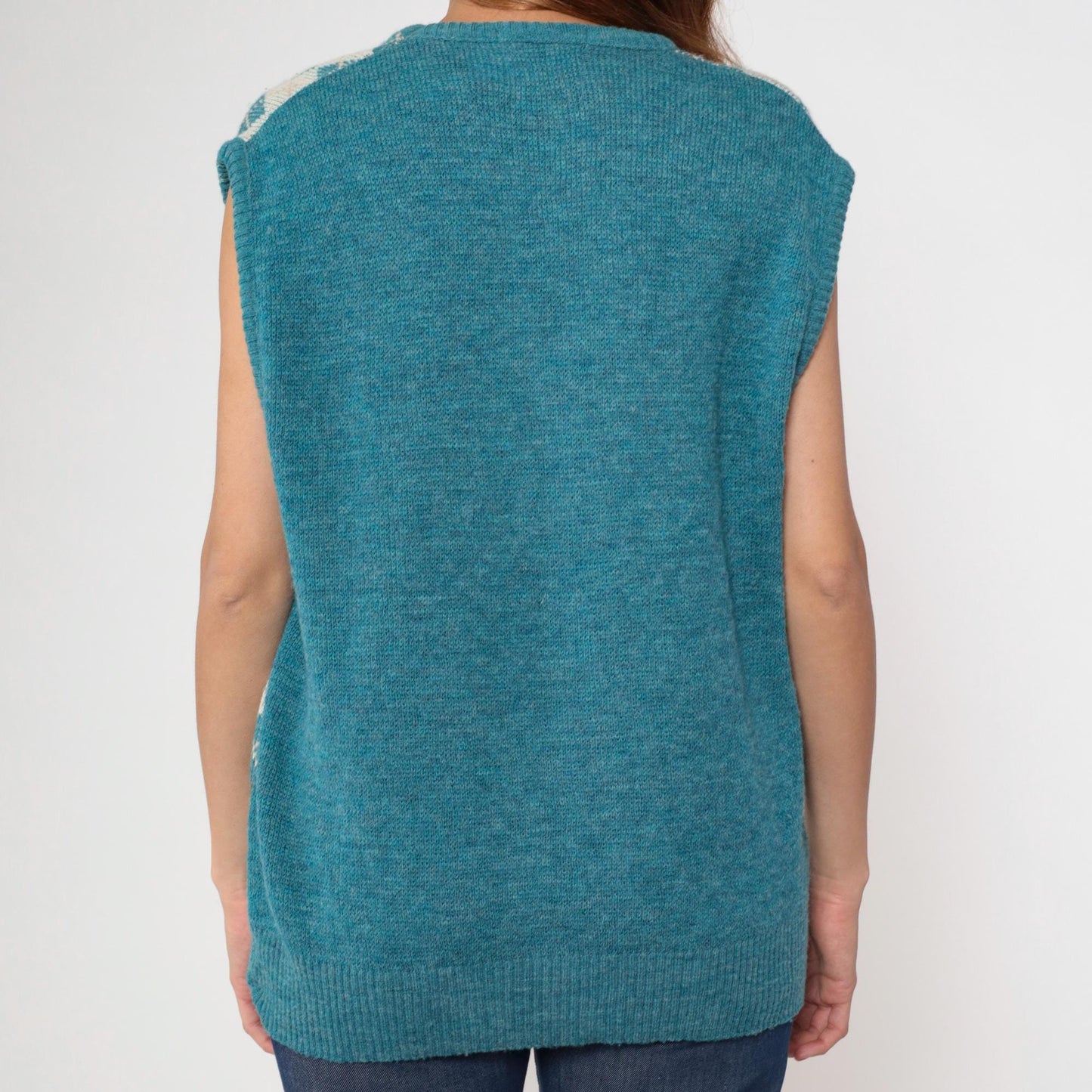 80s Turquoise Argyle Wool Acrylic Knit Vest V-Neck Sleeveless Large L