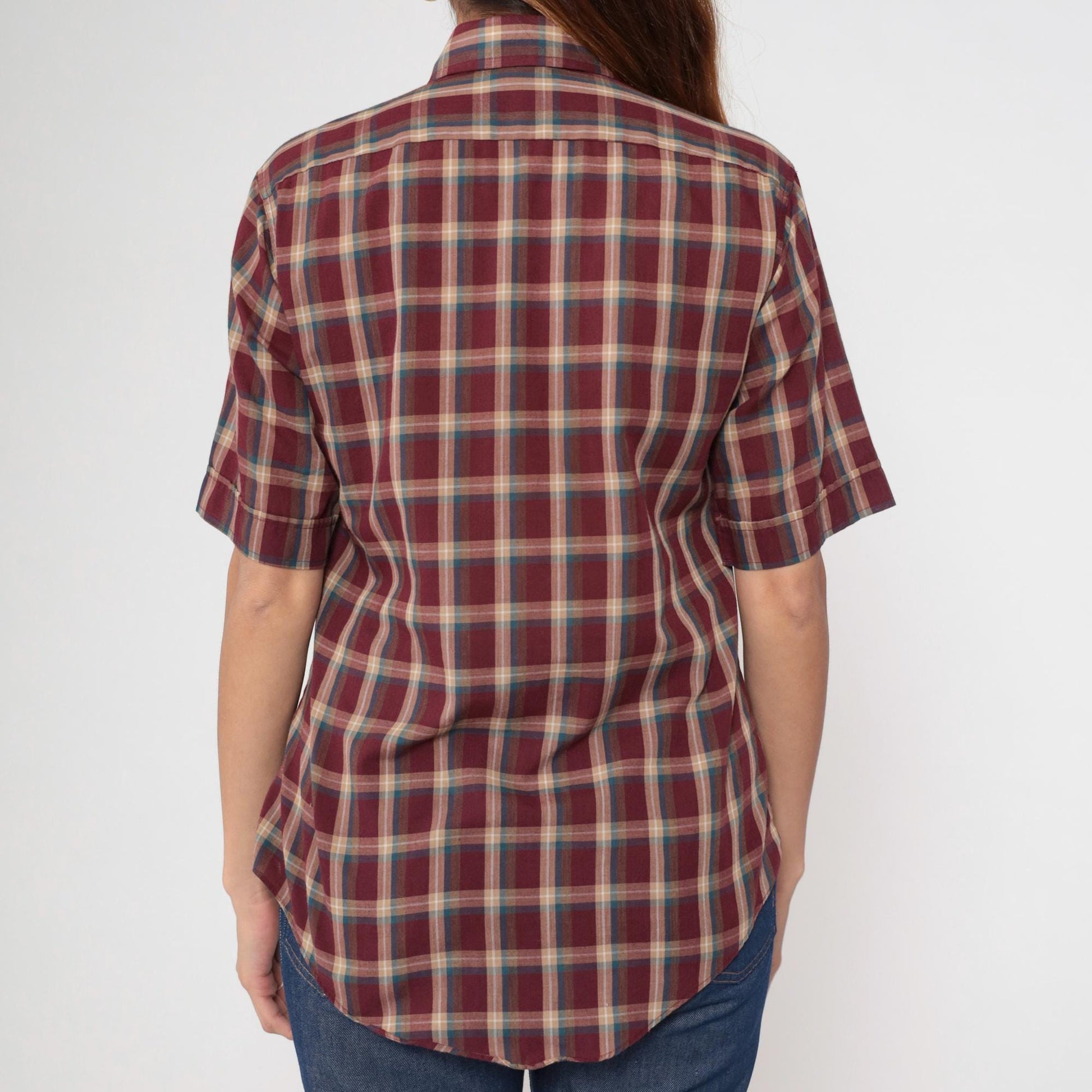 80s Levi's Plaid Button Up Shirt Burgundy Tan Checkered Short Sleeve Medium