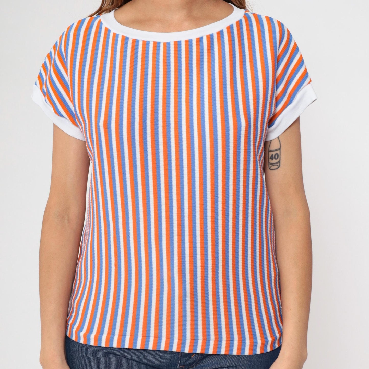 80s Striped Ringer Tee White Orange Blue Cap Sleeve Shirt Medium