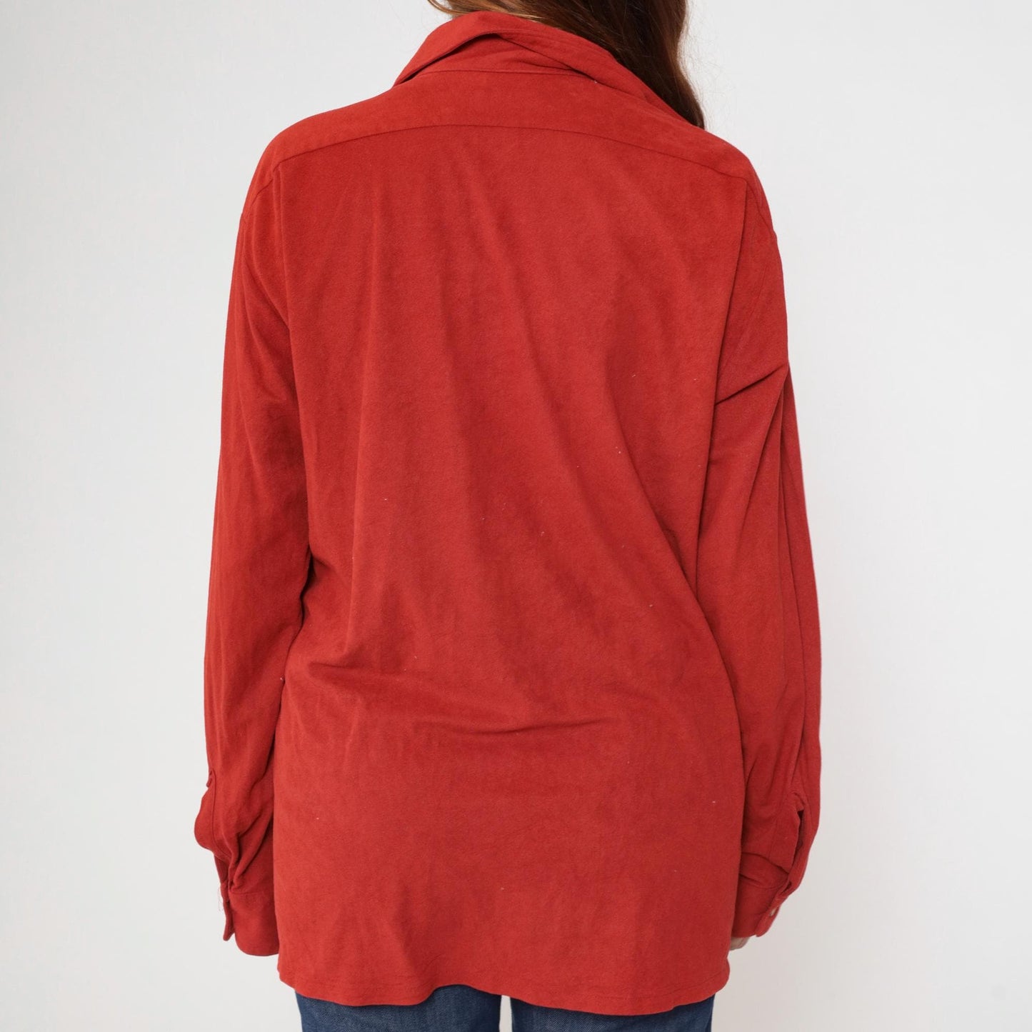 70s Prange's Rust Red Velour Button-Up Shirt Long Sleeve Collared Men's Large L