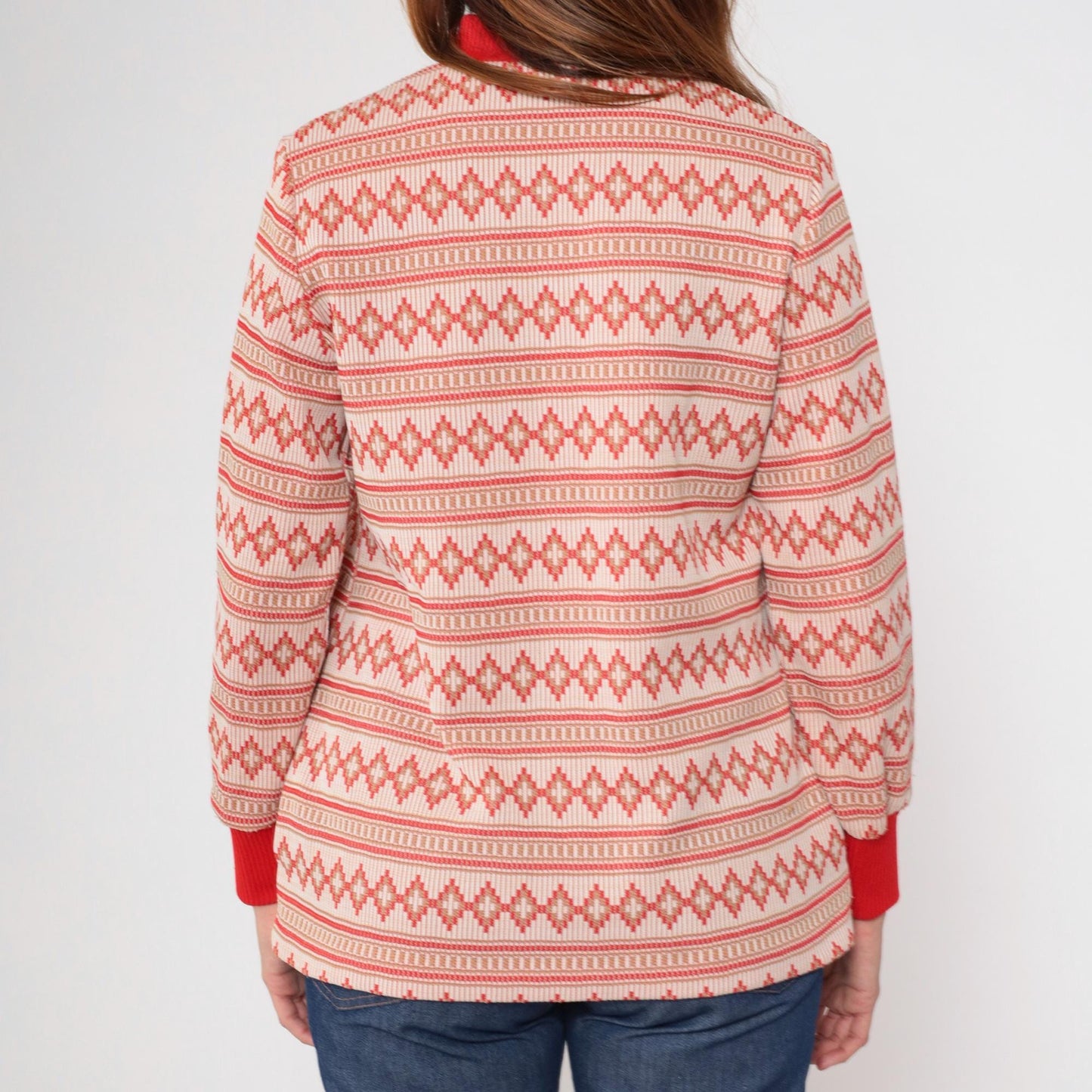 70s Geometric Striped Zip-Up Blouse Red Mock Neck Long Sleeve Large