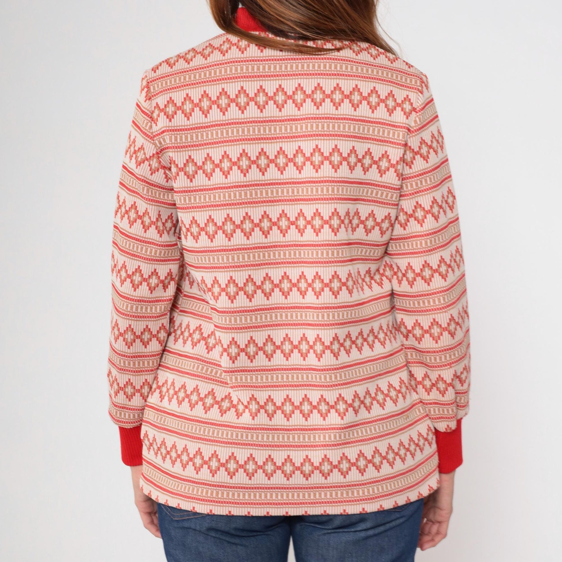 70s Geometric Striped Zip-Up Blouse Red Mock Neck Long Sleeve Large