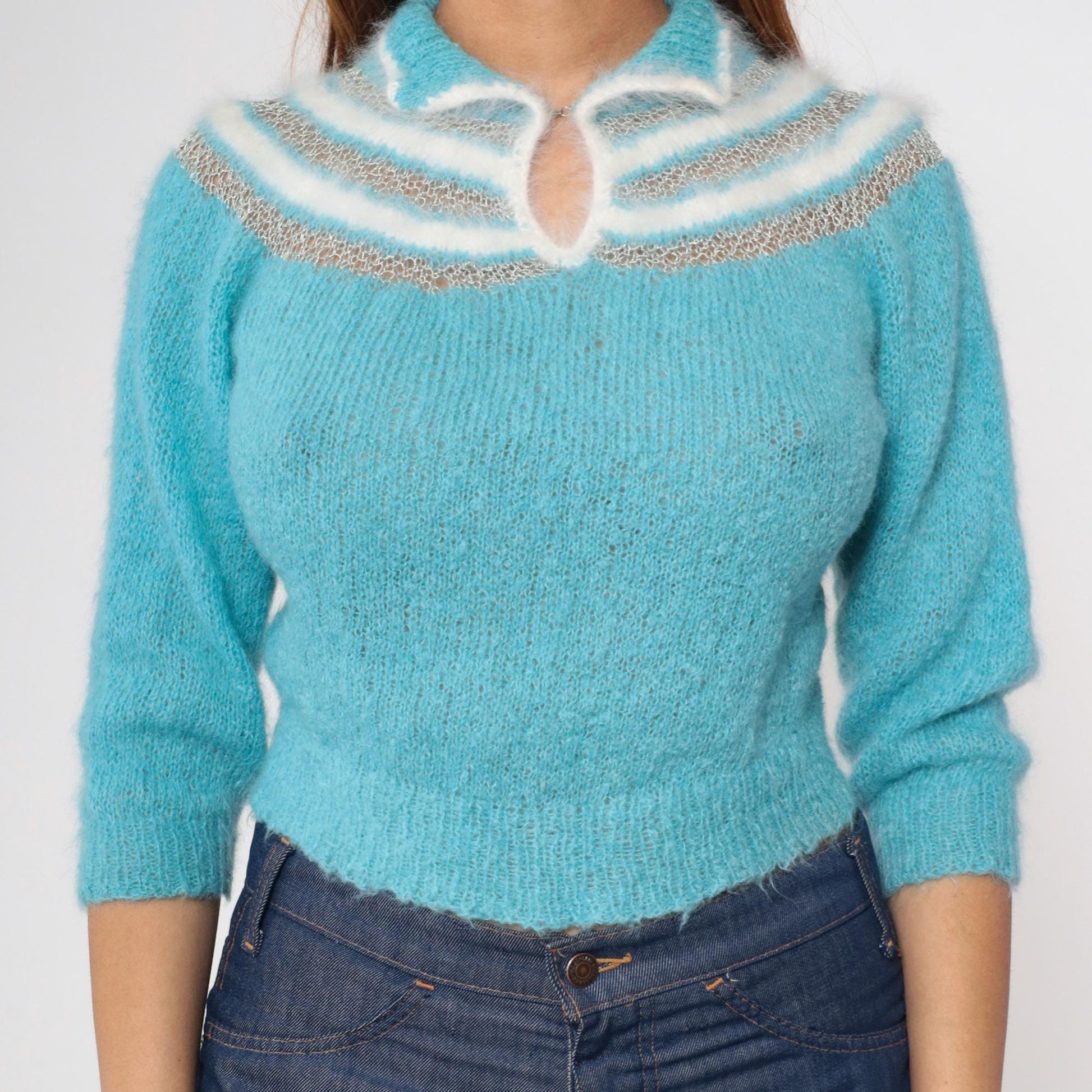 80s Blue Cropped Knit Sweater Keyhole Neckline Openwork Pullover Extra Small