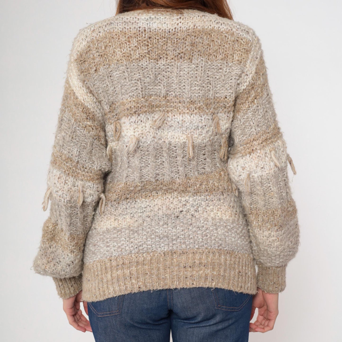 80s Sideffects Striped Cardigan Tan Grey Fringe Knit Small