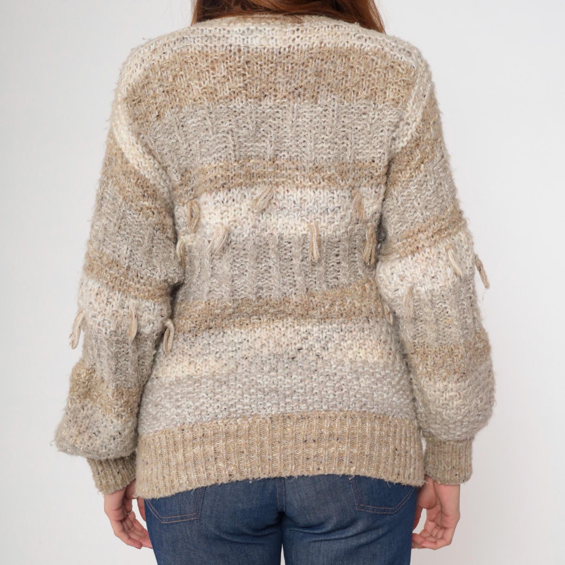 80s Sideffects Striped Cardigan Tan Grey Fringe Knit Small
