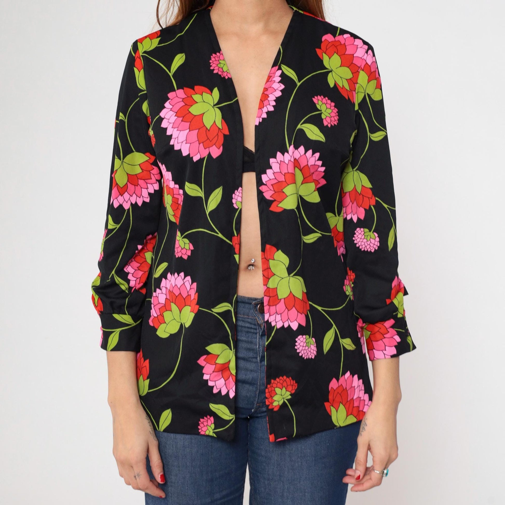 70s Black Floral Open Front Blouse Pink Green Print Long Sleeve Medium