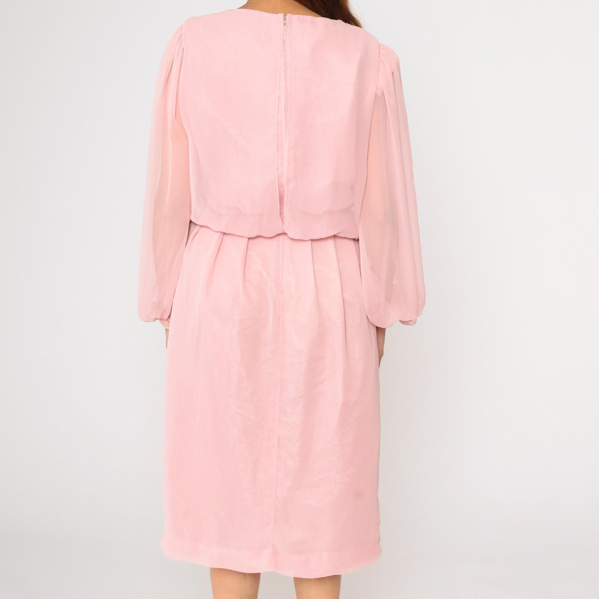80s Susan Howard California Pink Chiffon Cowl Neck Midi Dress Medium M