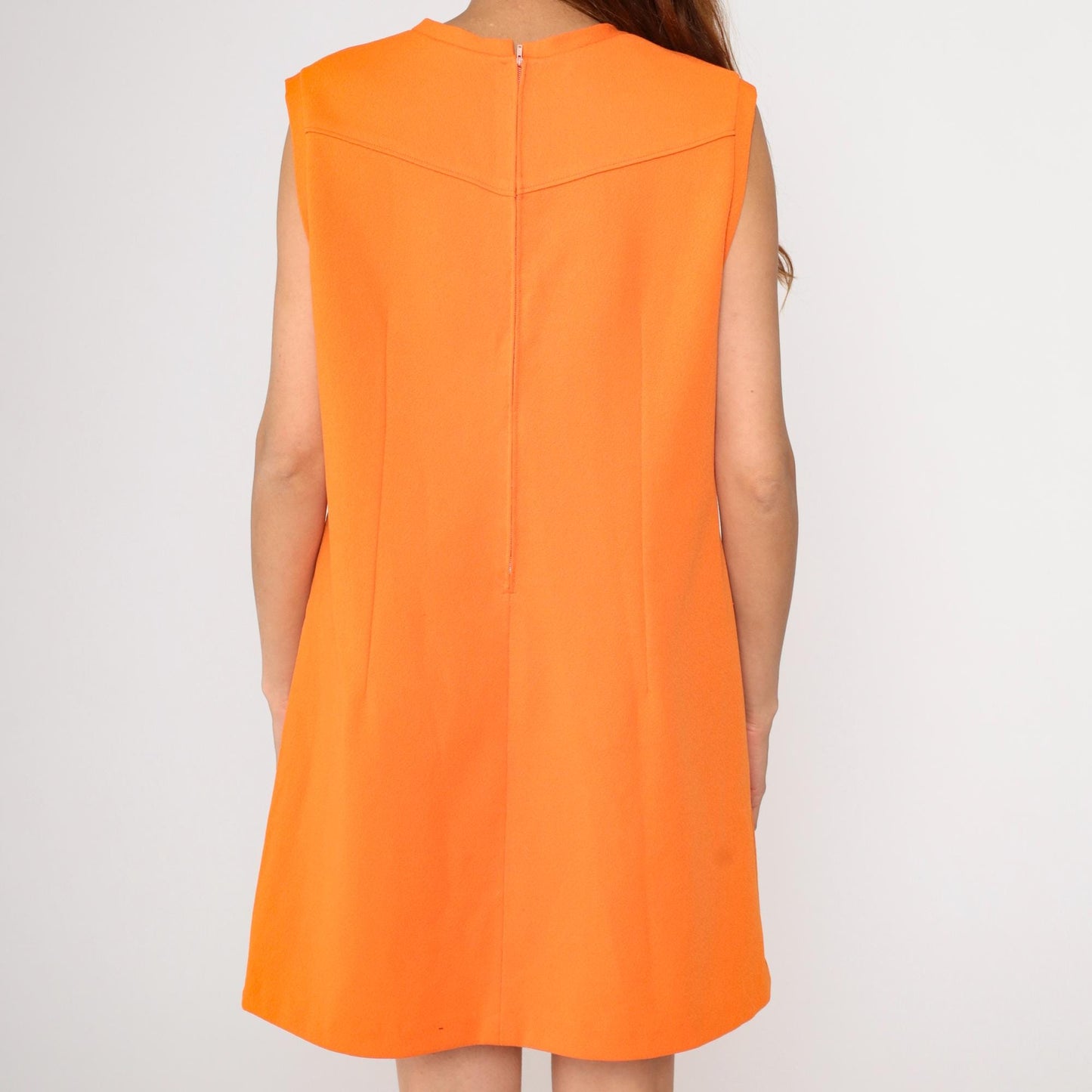 60s Orange Mod Shift Dress V Neck Sleeveless Mini Vintage Medium Large