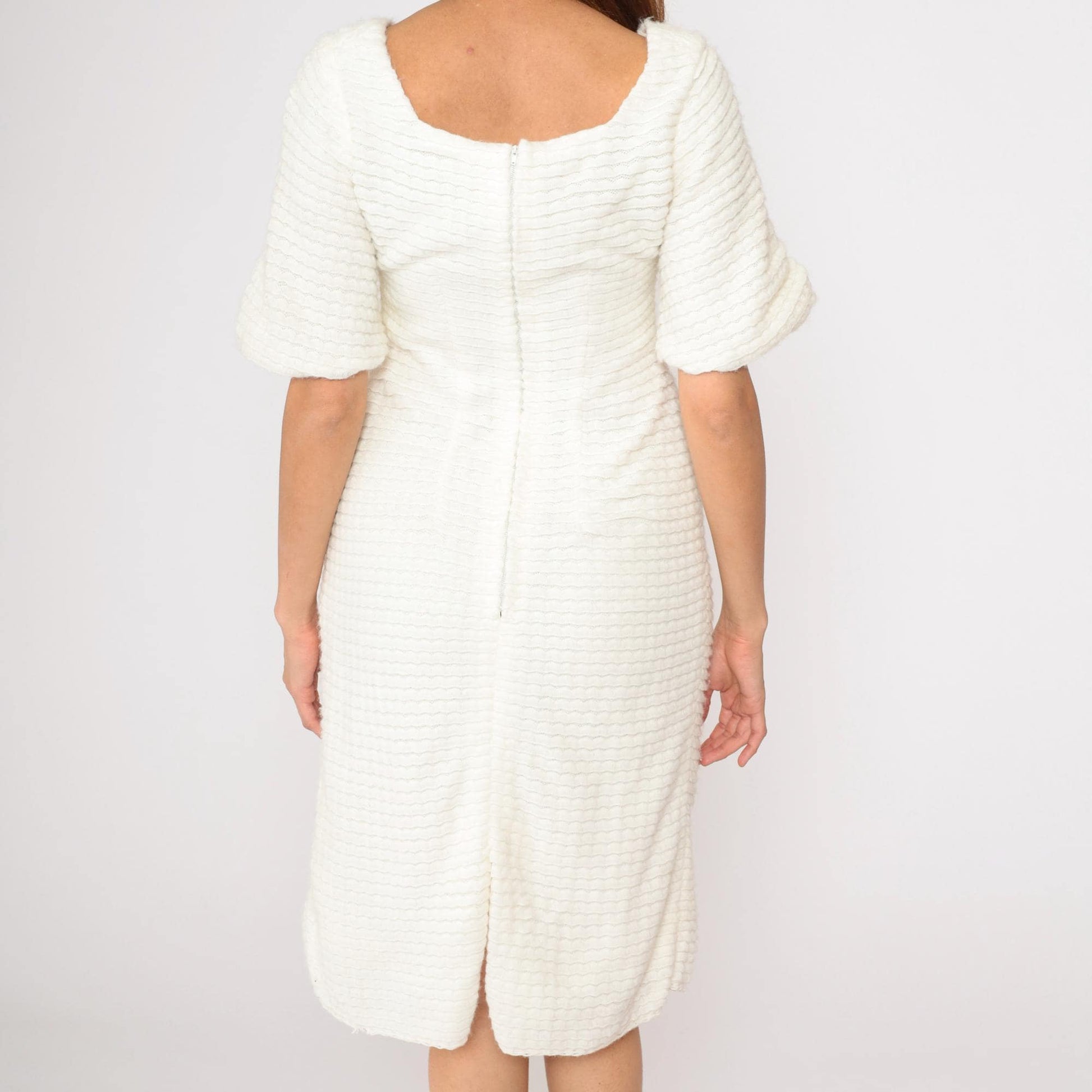 60s White Textured Knit Dress Square Neck Puff Sleeve Sheath Midi Small