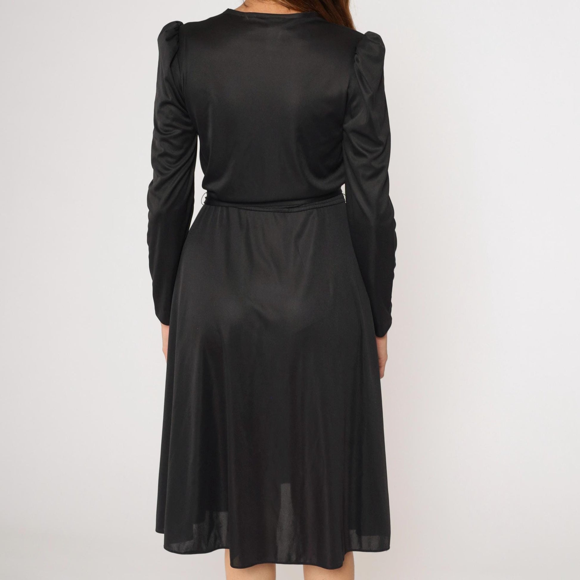 70s Black Wrap Dress Puff Sleeve Deep V Midi High Waist Rhinestone Belt Small