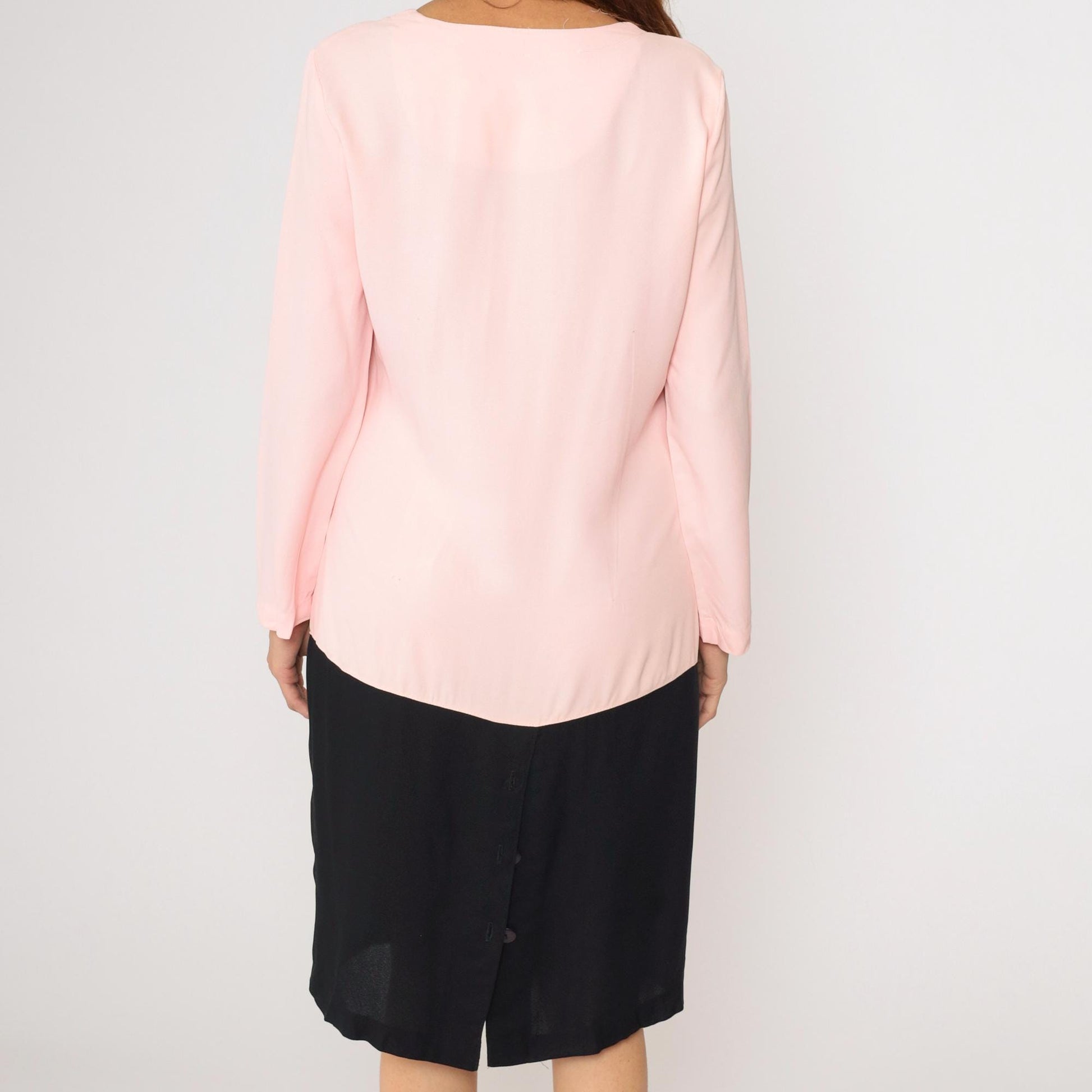 80s Pink Black Colorblock Dress Button Up Knee Length Medium