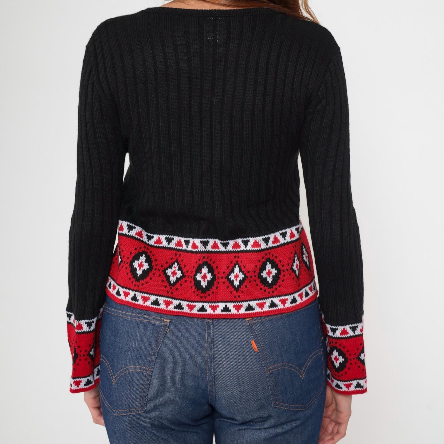80s LA Express Geometric Bell Sleeve Sweater Black Knit Cropped V-Neck Medium