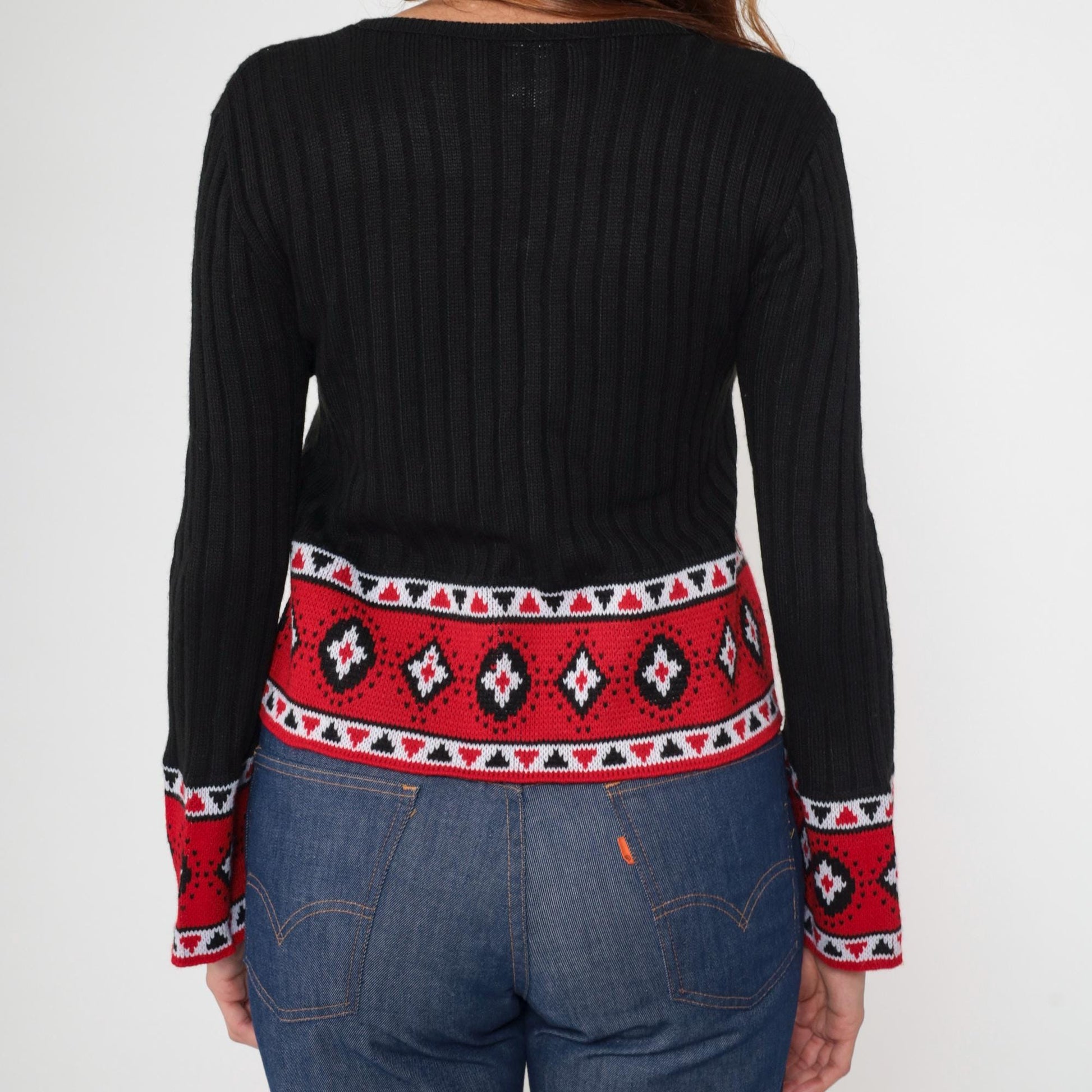 80s LA Express Geometric Bell Sleeve Sweater Black Knit Cropped V-Neck Medium