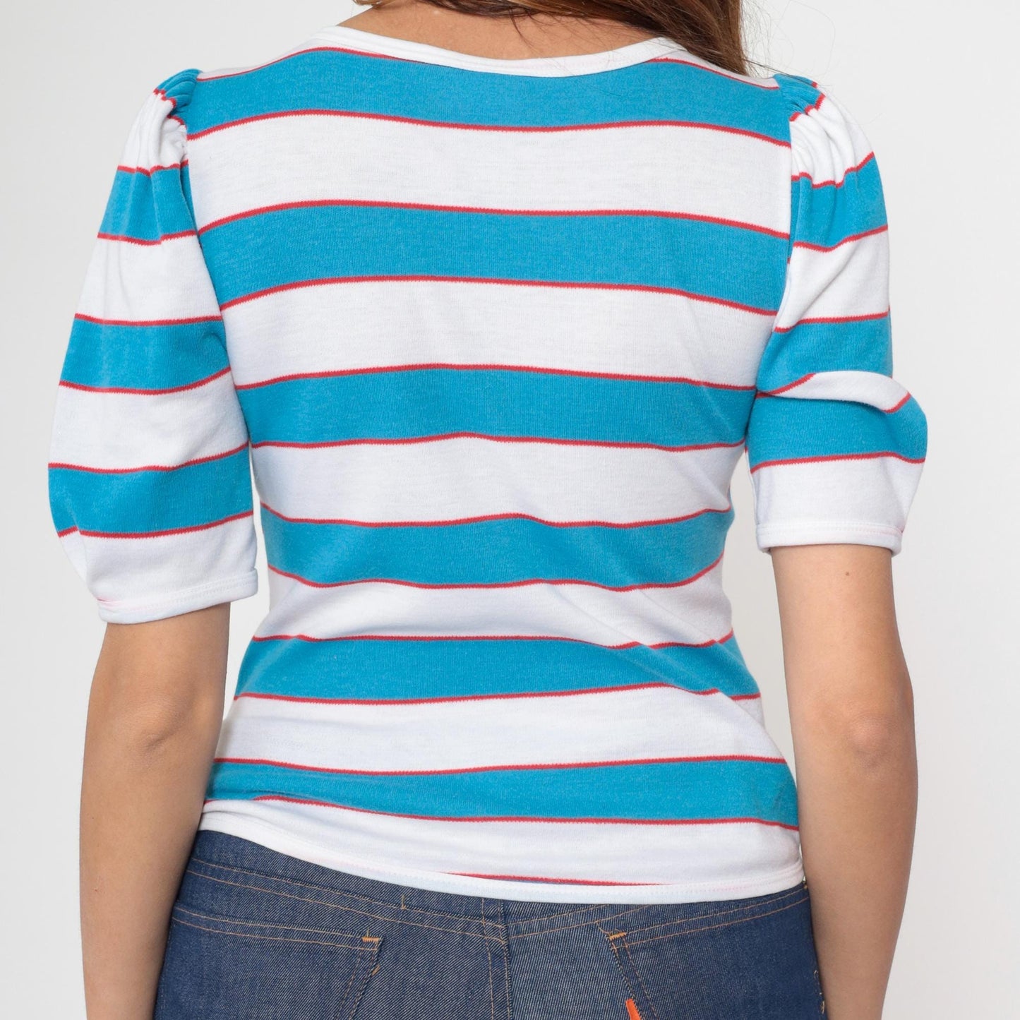 80s Fritzi Striped T-Shirt Puff Sleeve White Blue Red Small