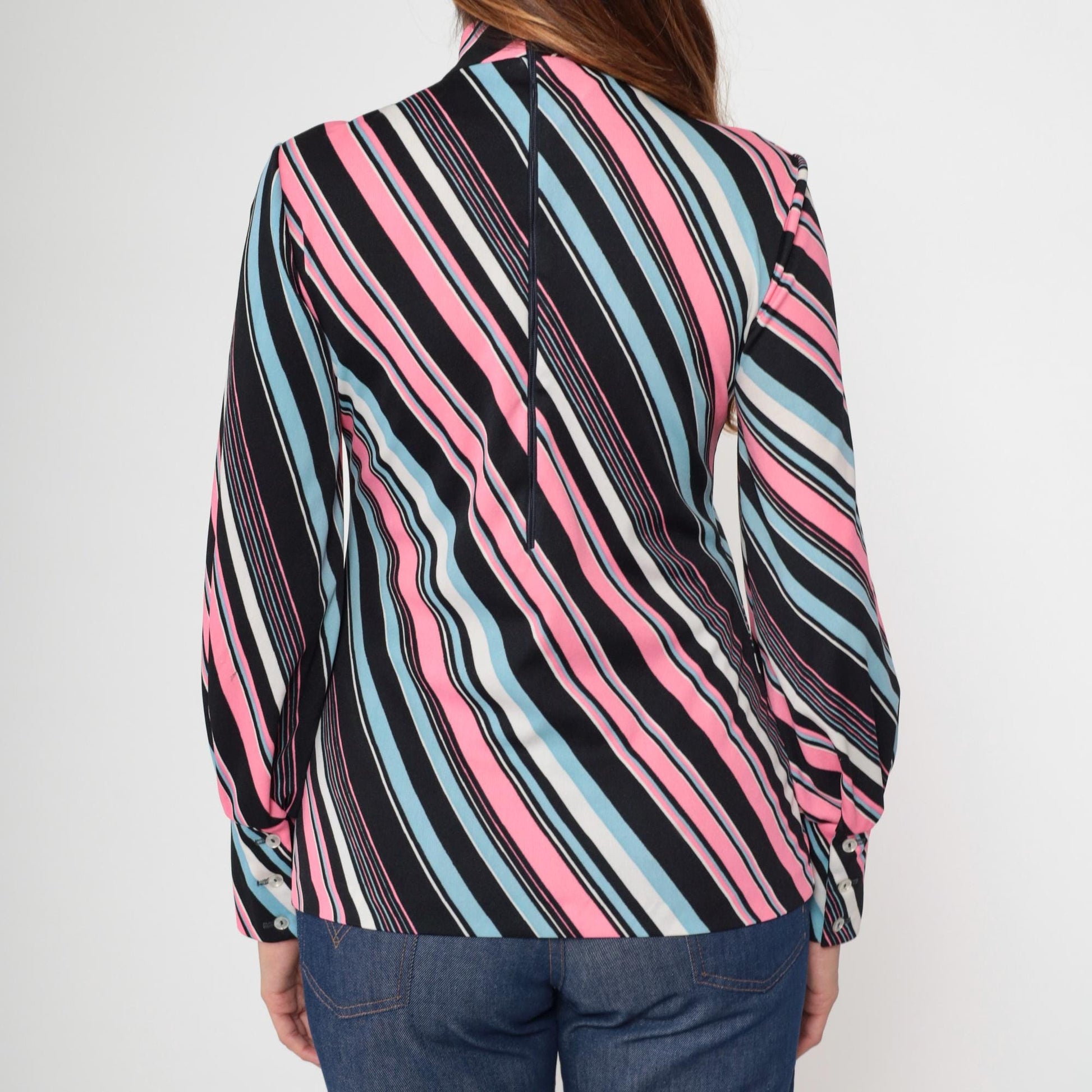 70s The Islander Striped Ascot Blouse Pink Blue Black Long Sleeve Small
