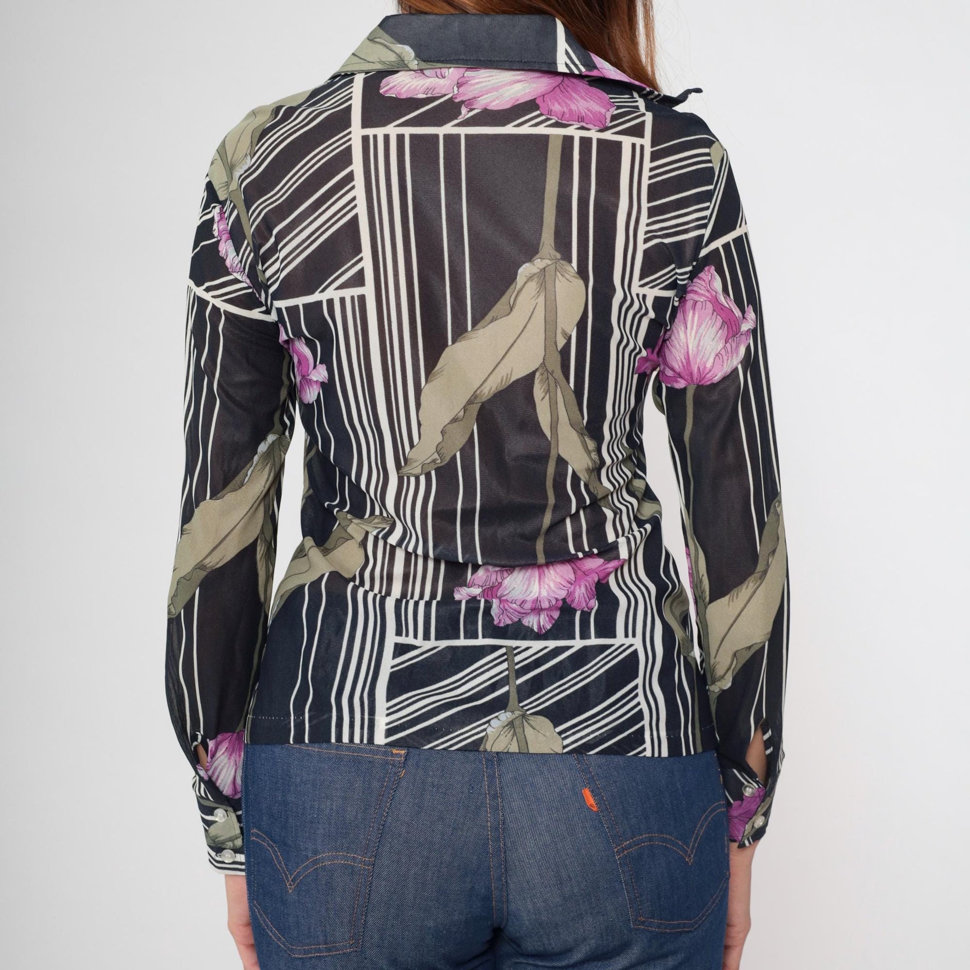 70s Sheer Floral Striped Blouse Black Dagger Collar Button Up Small