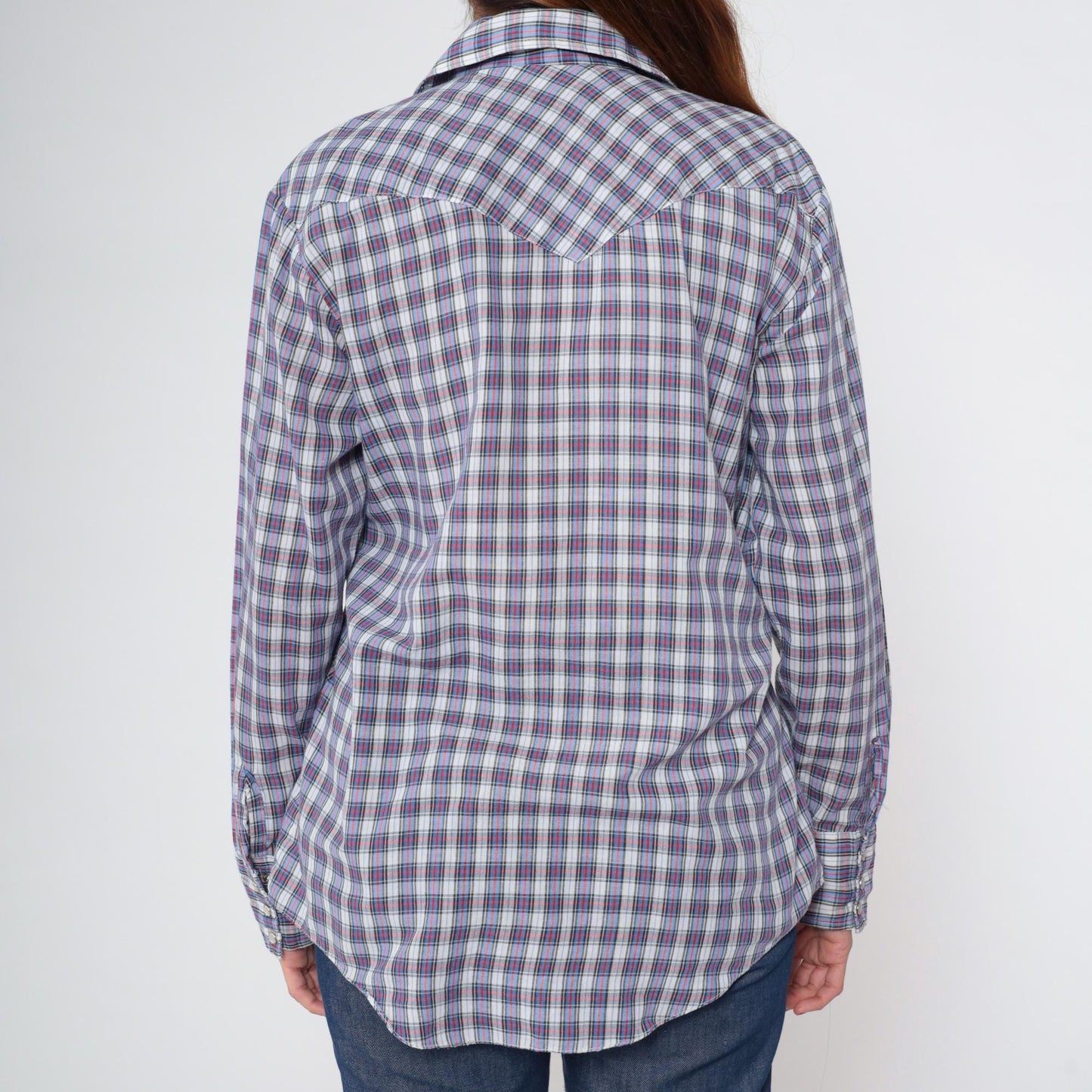 70s Sears Western Wear Plaid Pearl Snap Shirt Blue Red Checkered Men's Medium