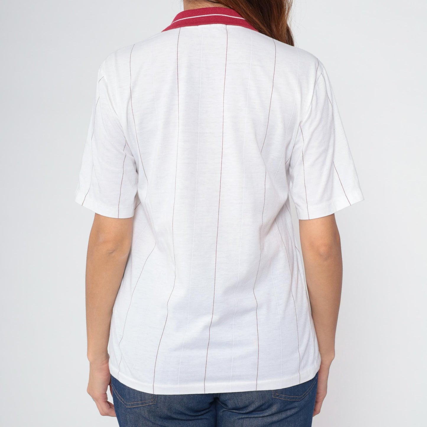 80s White Burgundy Striped Polo Shirt Embroidered Crest Quarter Button Medium