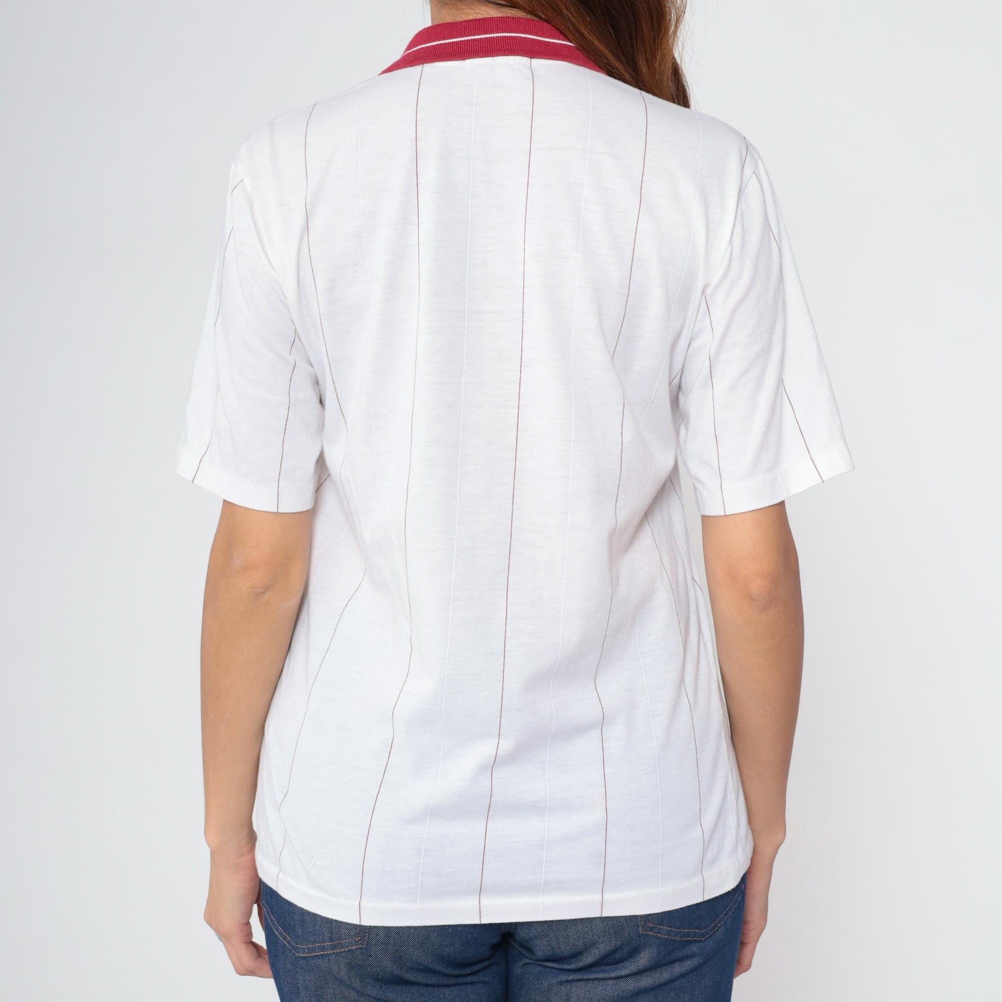 80s White Burgundy Striped Polo Shirt Embroidered Crest Quarter Button Medium