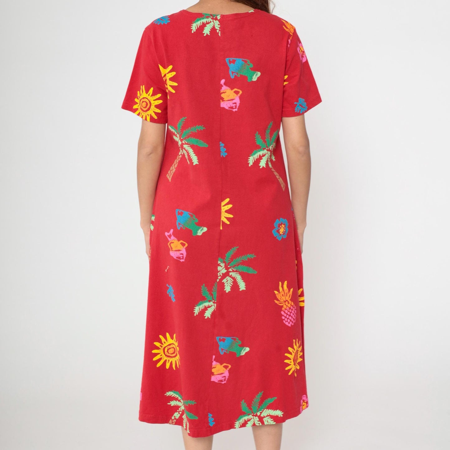 90s Coconut Bay Fish Print Midi Dress Red Tropical Shift Medium