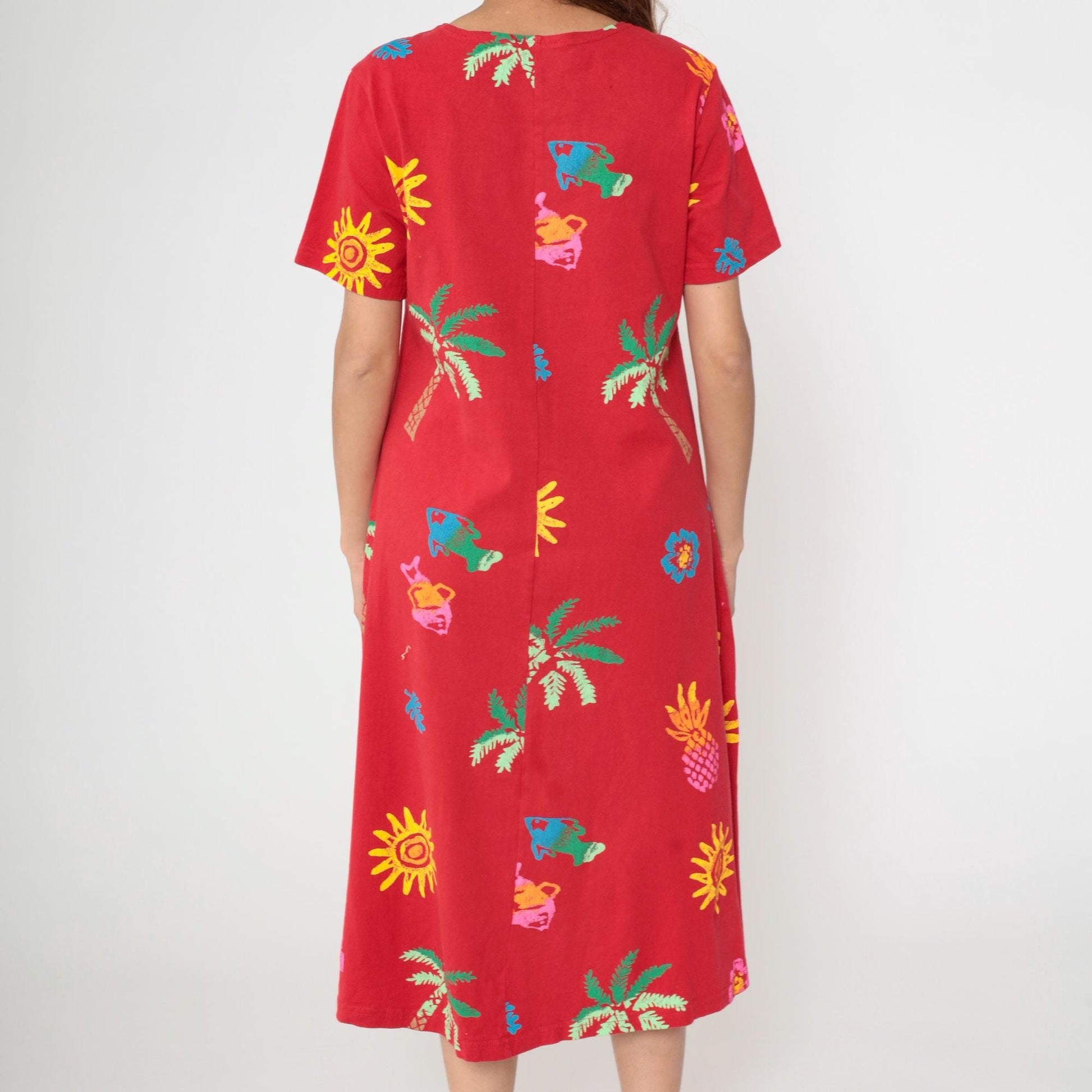 90s Coconut Bay Fish Print Midi Dress Red Tropical Shift Medium