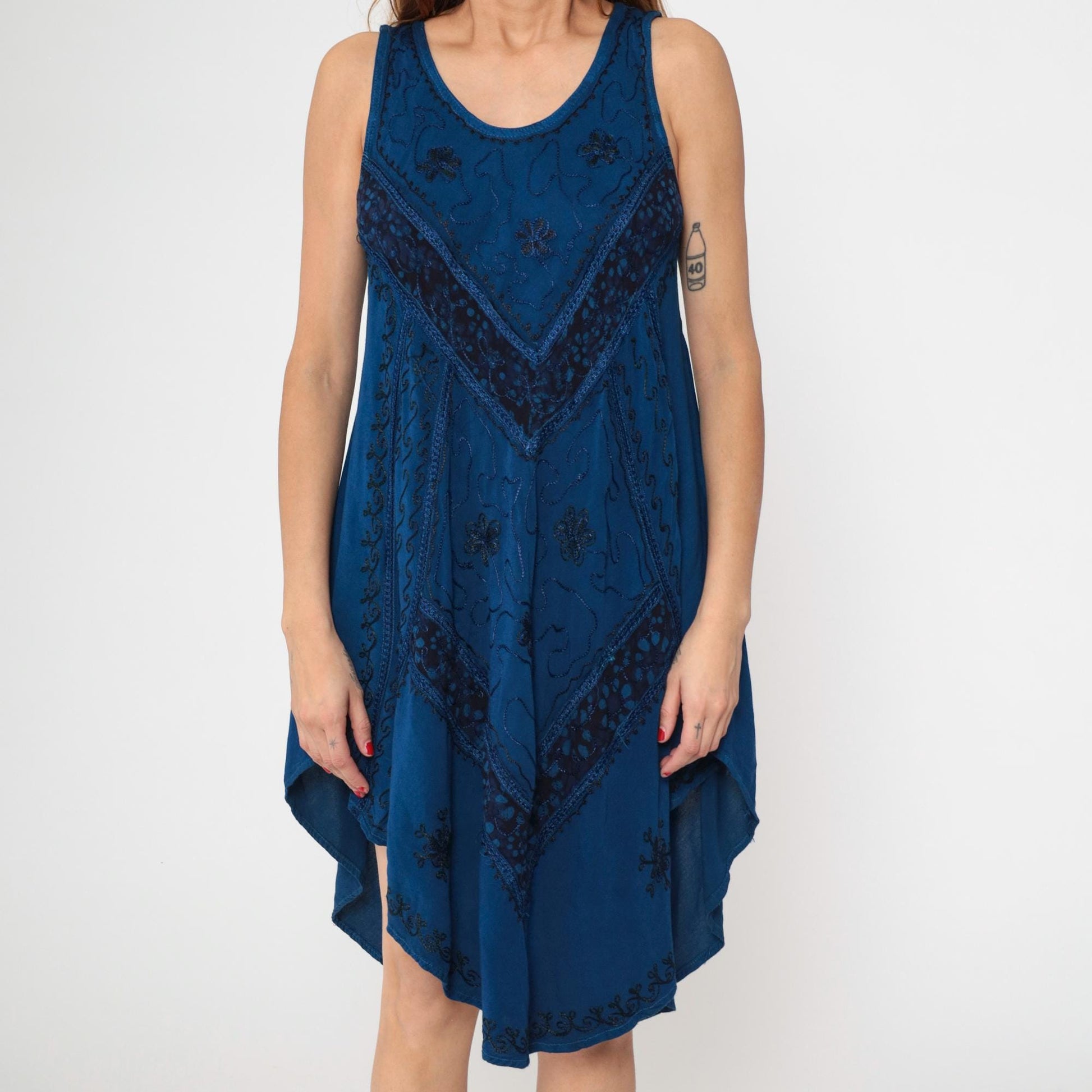 Y2K Dark Blue Embroidered Sundress Asymmetrical Hem Trapeze Cut Medium M