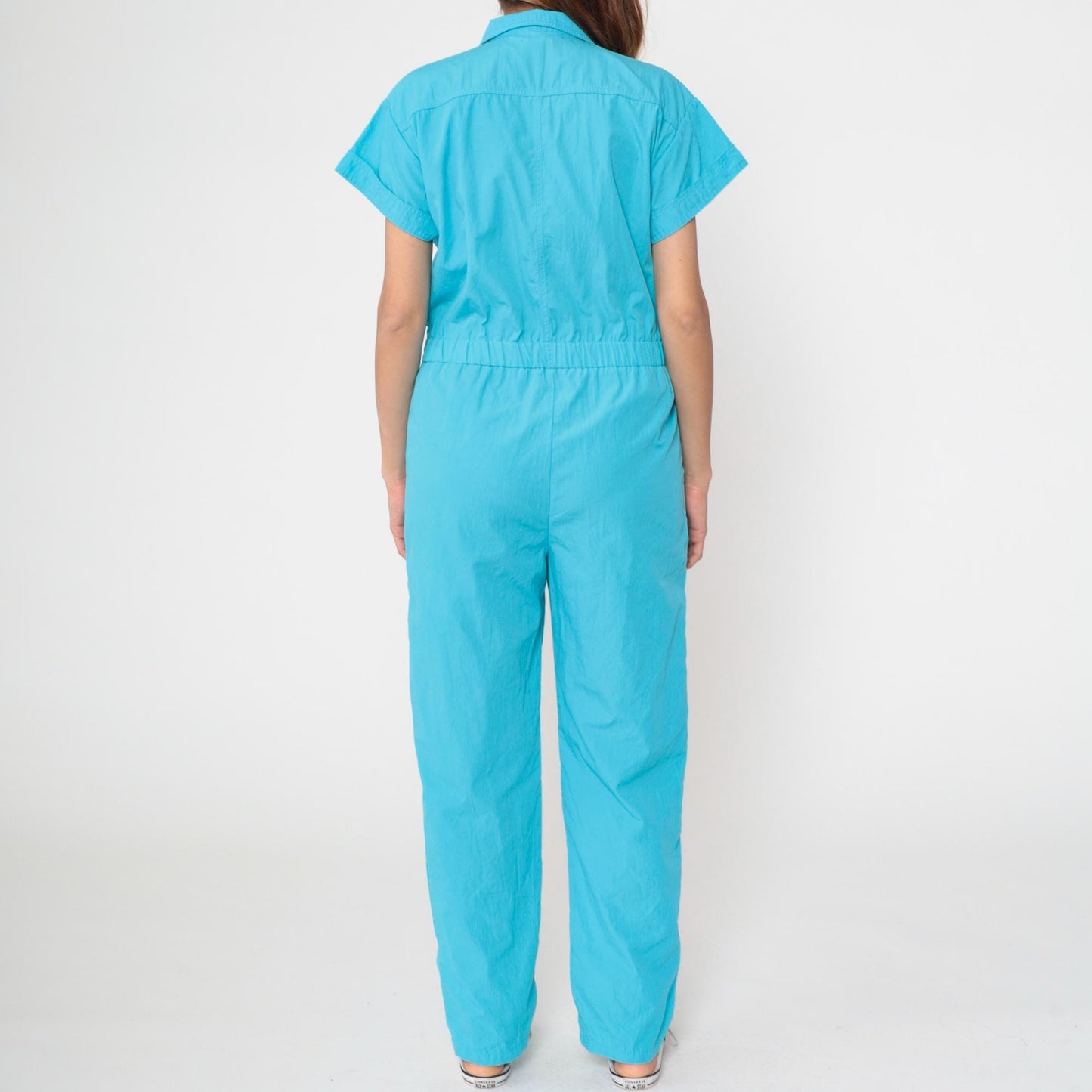 80s Turquoise Jumpsuit Snap Button High Waist Tapered Leg Small S