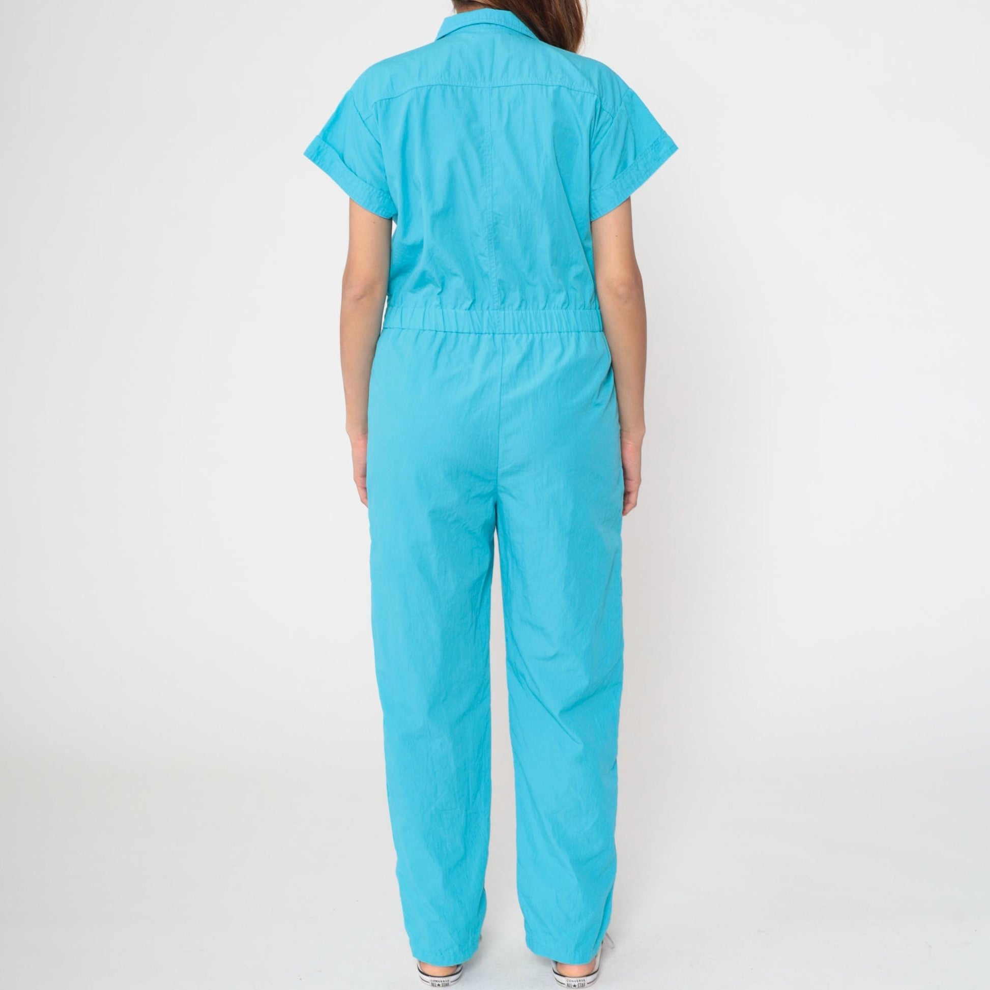 80s Turquoise Jumpsuit Snap Button High Waist Tapered Leg Small S