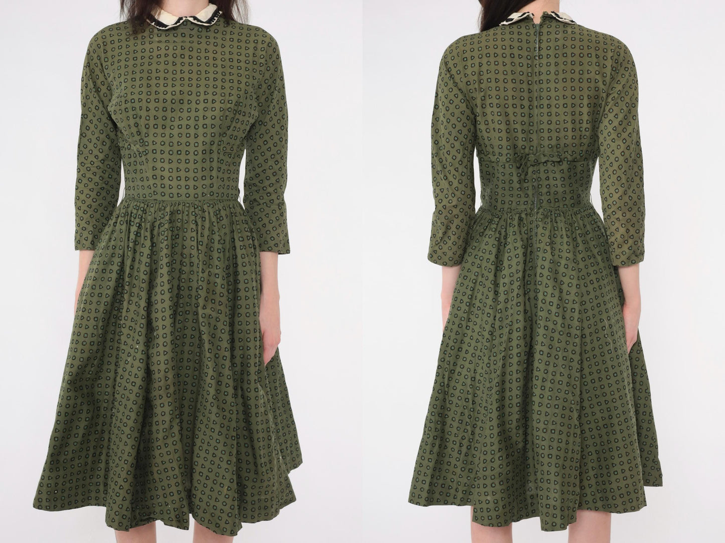 1950s L'Aiglon Fit Flare Dress Olive Green Geometric Peter Pan Collar Midi Extra Small
