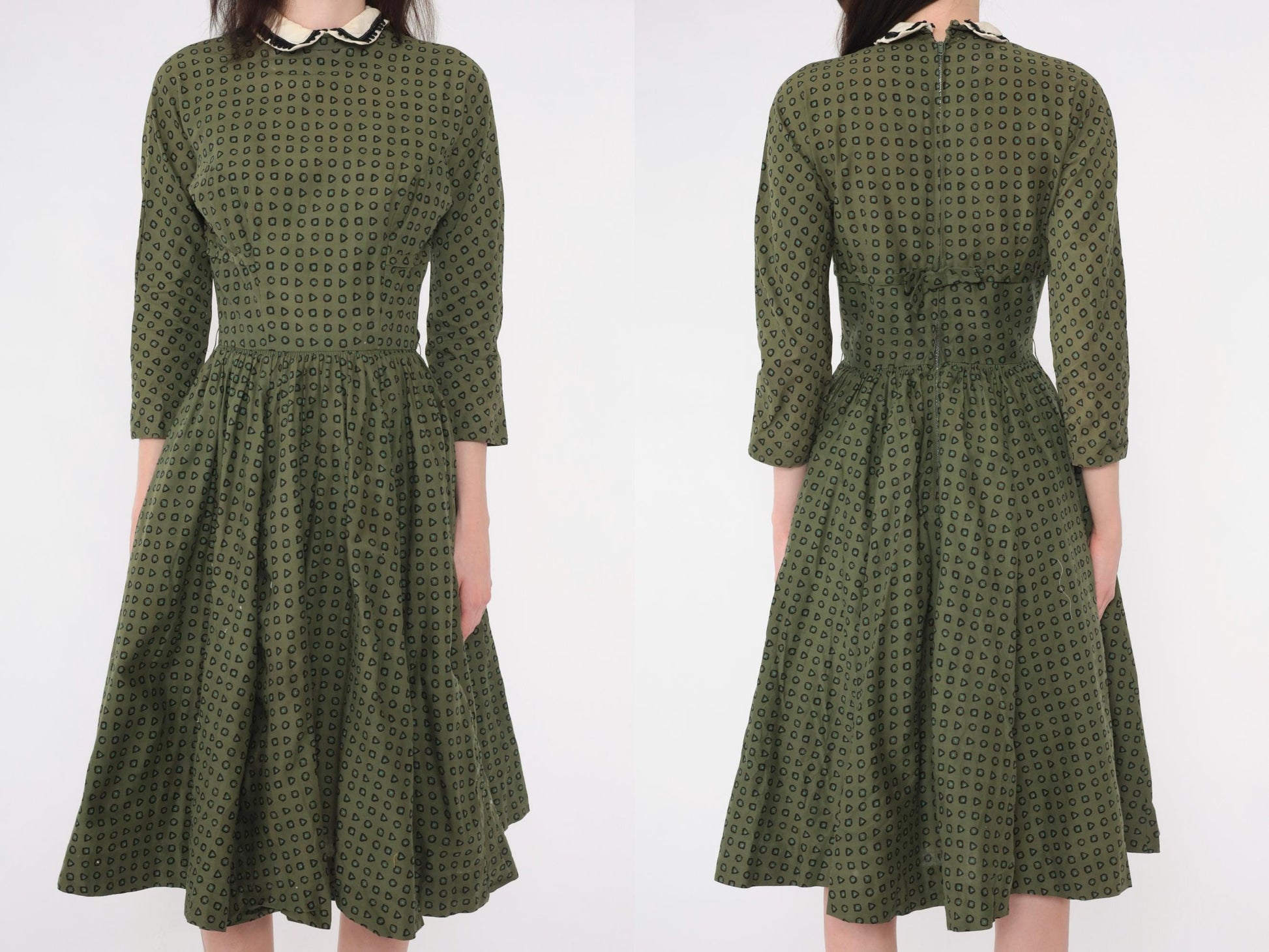 1950s L'Aiglon Fit Flare Dress Olive Green Geometric Peter Pan Collar Midi Extra Small