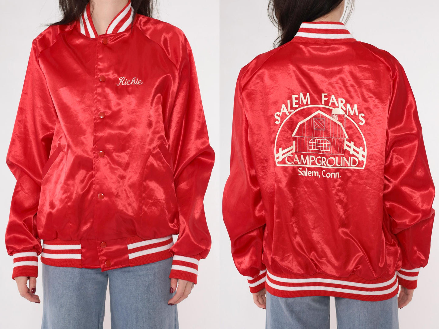 80s Red Satin Bomber Jacket Salem Farms Campground Connecticut Graphic Men's Large