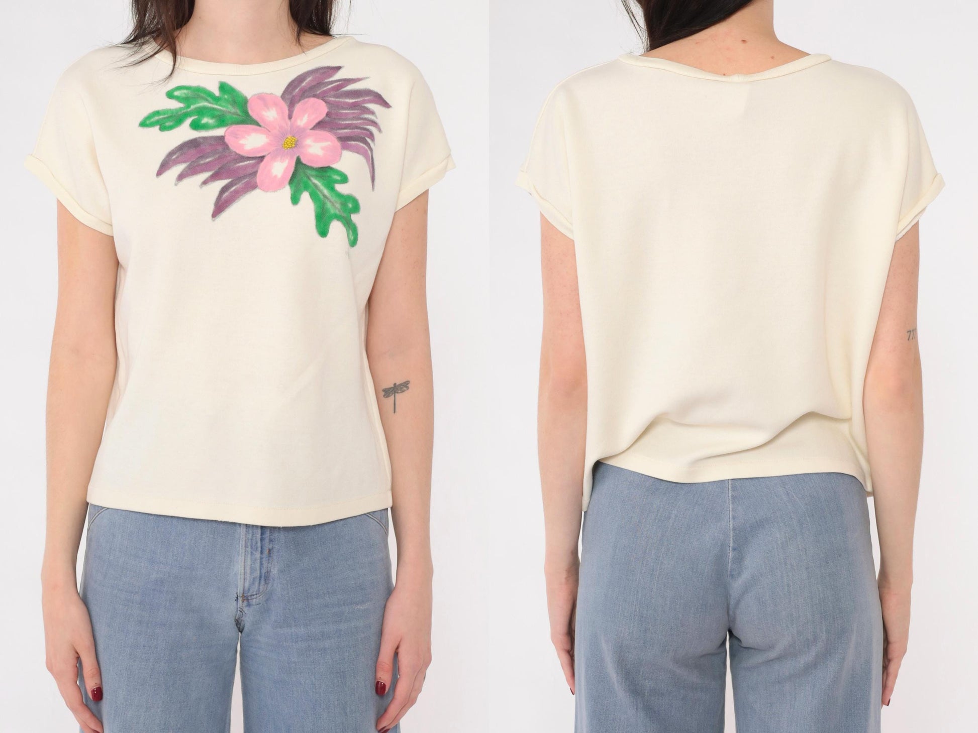 80s Cream Floral Hand Painted Cap Sleeve T-Shirt Pink Purple Graphic Medium