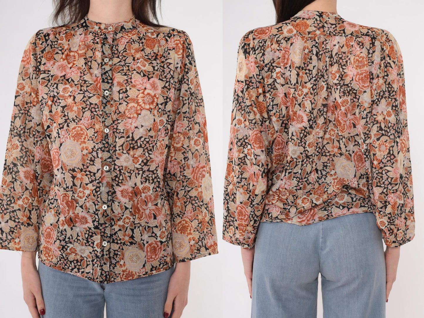 70s Floral Puff Sleeve Button-Up Blouse Burnt Orange Pink Medium M