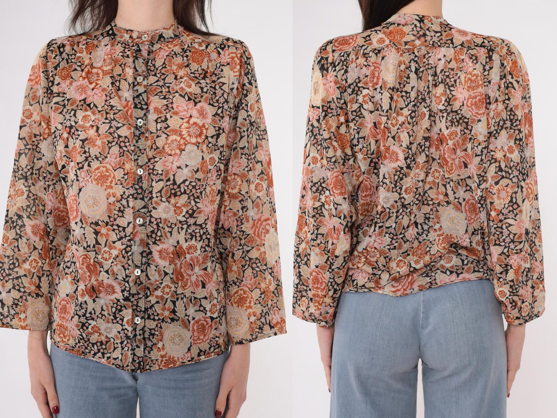 70s Floral Puff Sleeve Button-Up Blouse Burnt Orange Pink Medium M